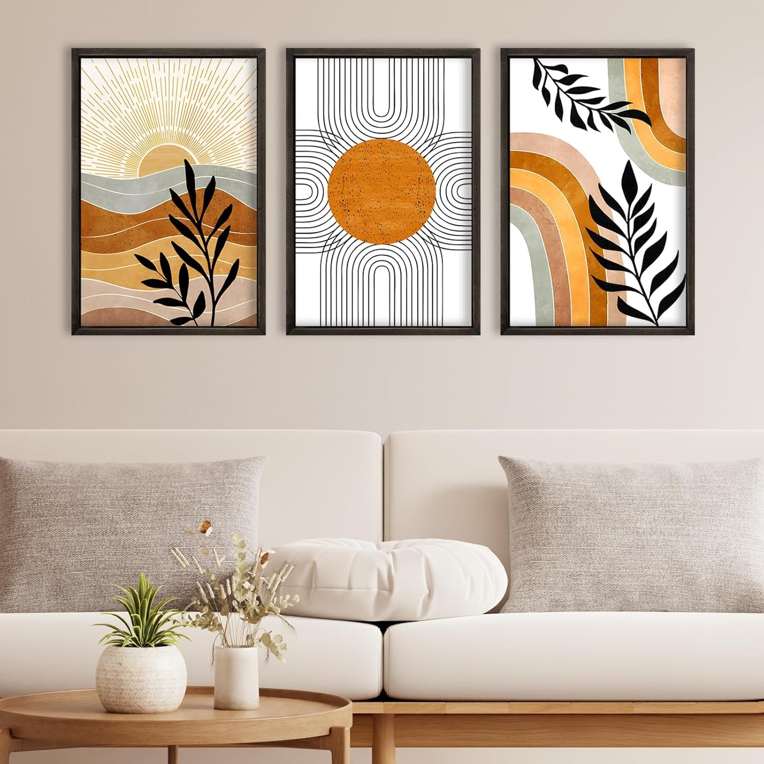 FZMHASLWW Boho Desert Picture Wall Art, Colorful Geometric Line Leaf Sun Prints 16″x11″ Set Of 3 for Mid Century Pictures Paintings Artwork Neutral Living Room Office Wall Decor Hanging (Black)