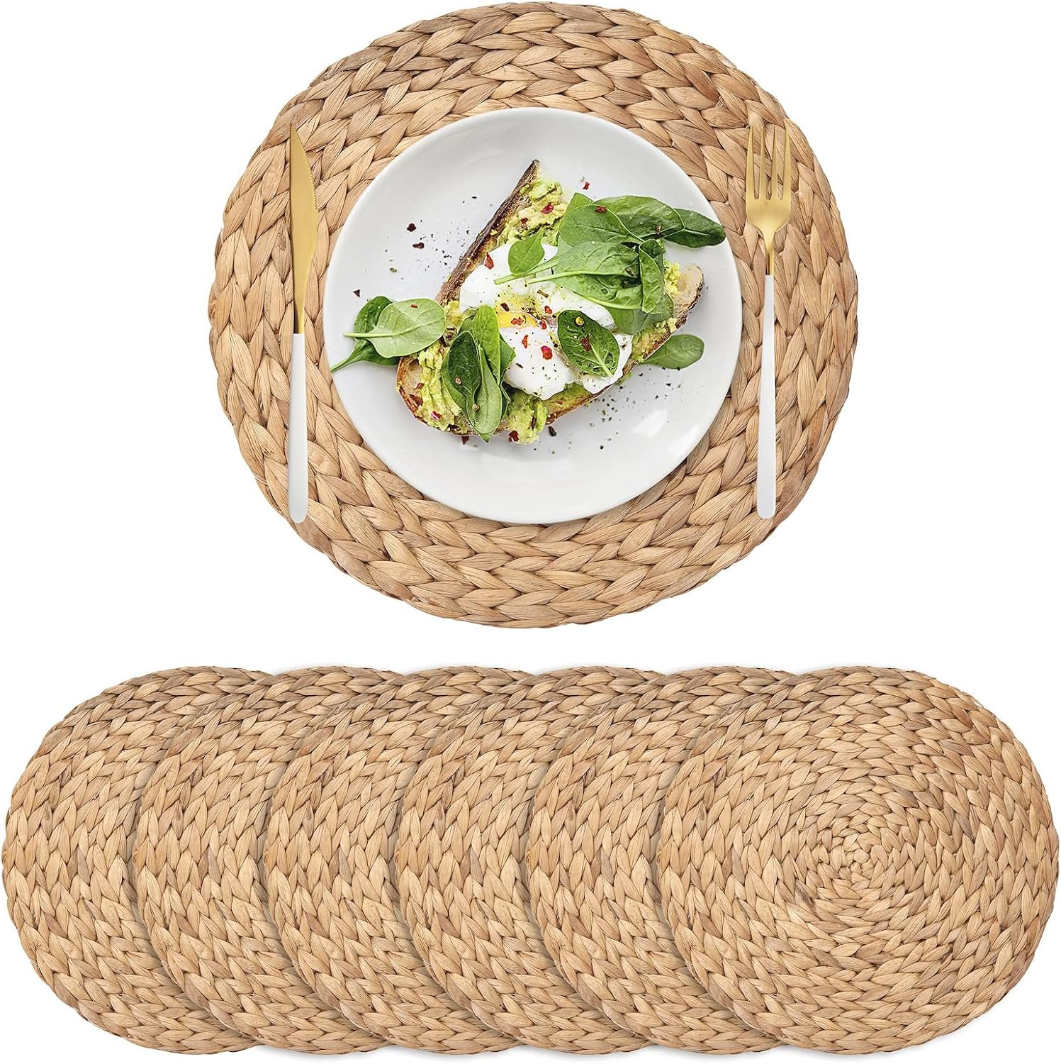 6 Pack Woven Placemats, Round Wicker Placemats, Rattan Place mats, Natural Hand-Woven Water Hyacinth Table Mats, Braided Straw Table Mats for Dining Table (11.8 inch)