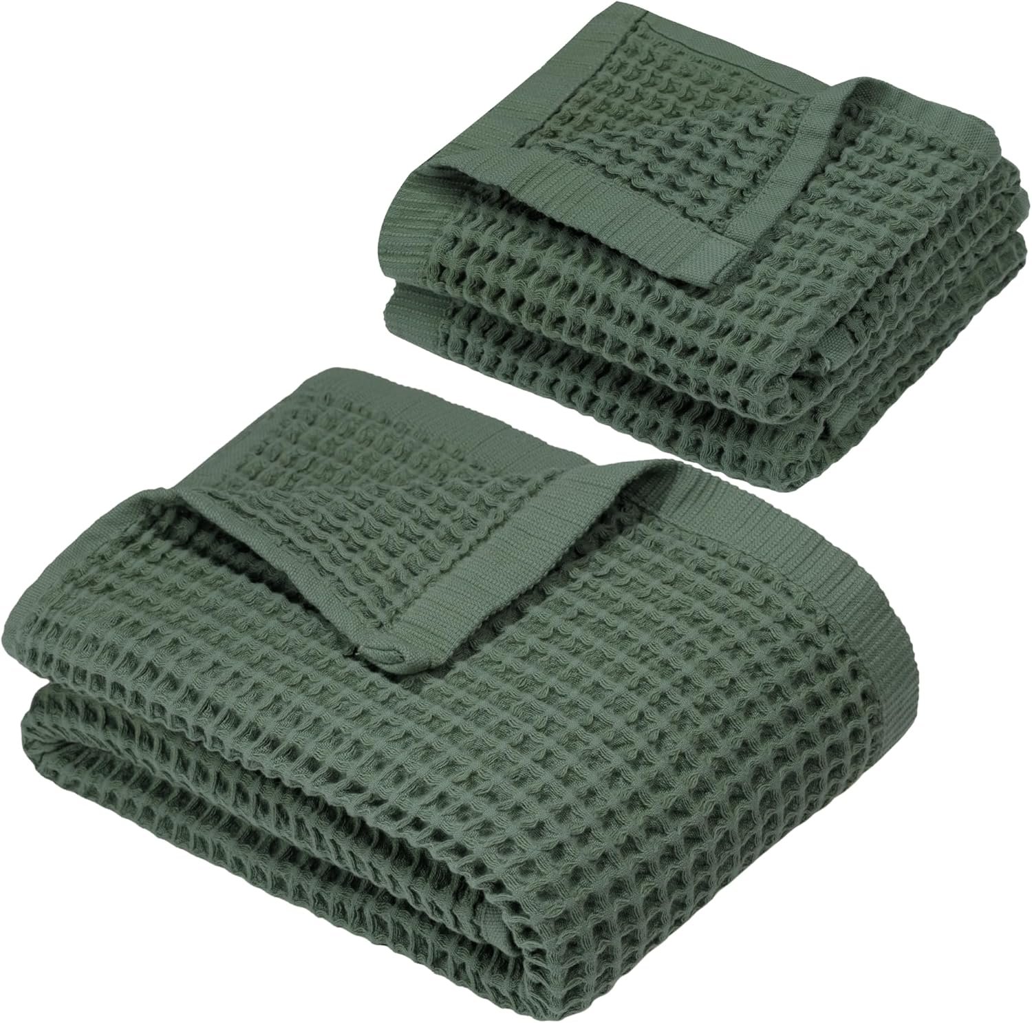 DEMMEX Organic Cotton Waffle Weave Turkish Towel Set for Bathroom, 1 Bath & 2 Large Hand Towels, 100% Oeko-TEX Certified Premium Turkish Cotton, Super Soft Lightweight Quick Dry (Sage Green)