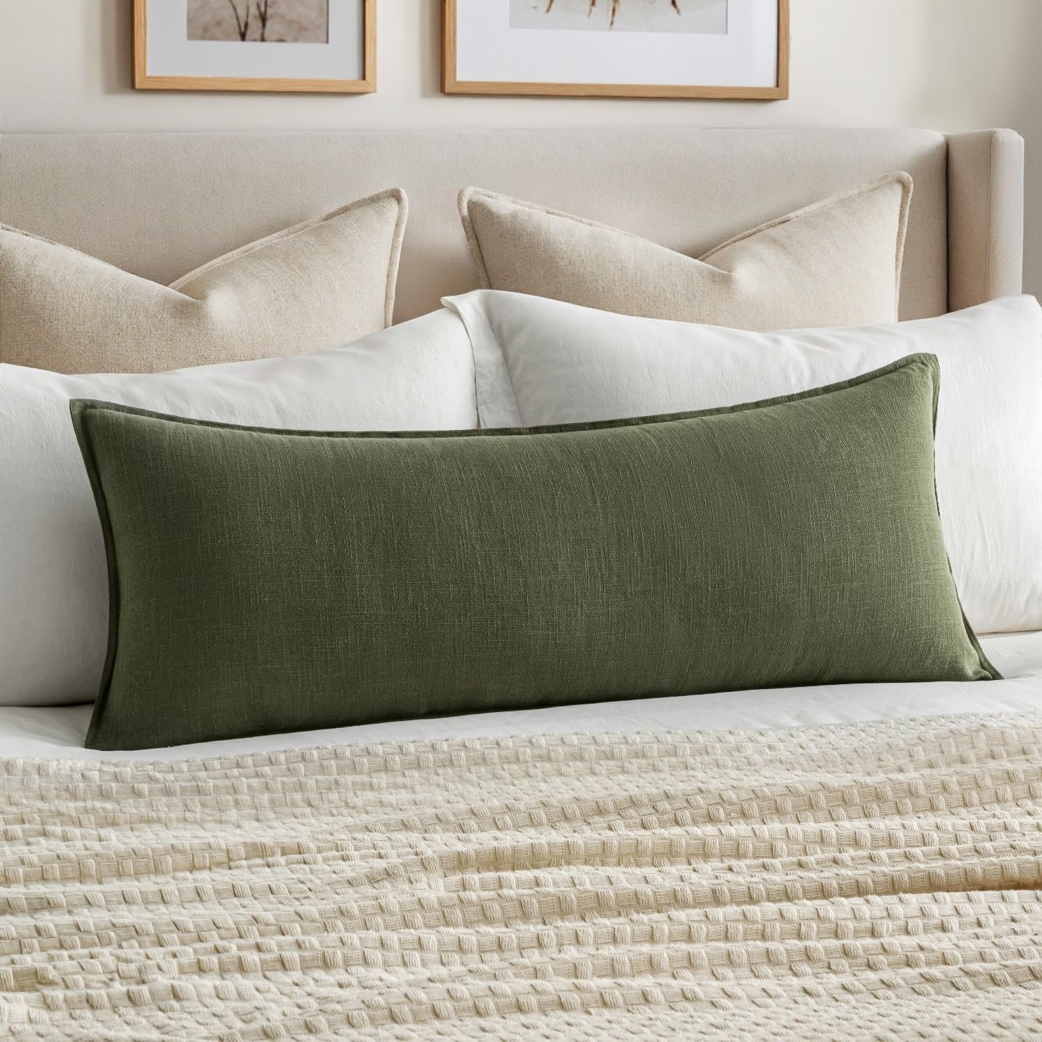 MIULEE Decorative Long Lumbar Throw Pillow Cover for Bed 14×36 Dark Olive Green Boho Farmhouse Neutral Couch Pillowcase Pack of 1 Accent Modern Sofa Cushion Livingroom Home Decor (Covers Only)