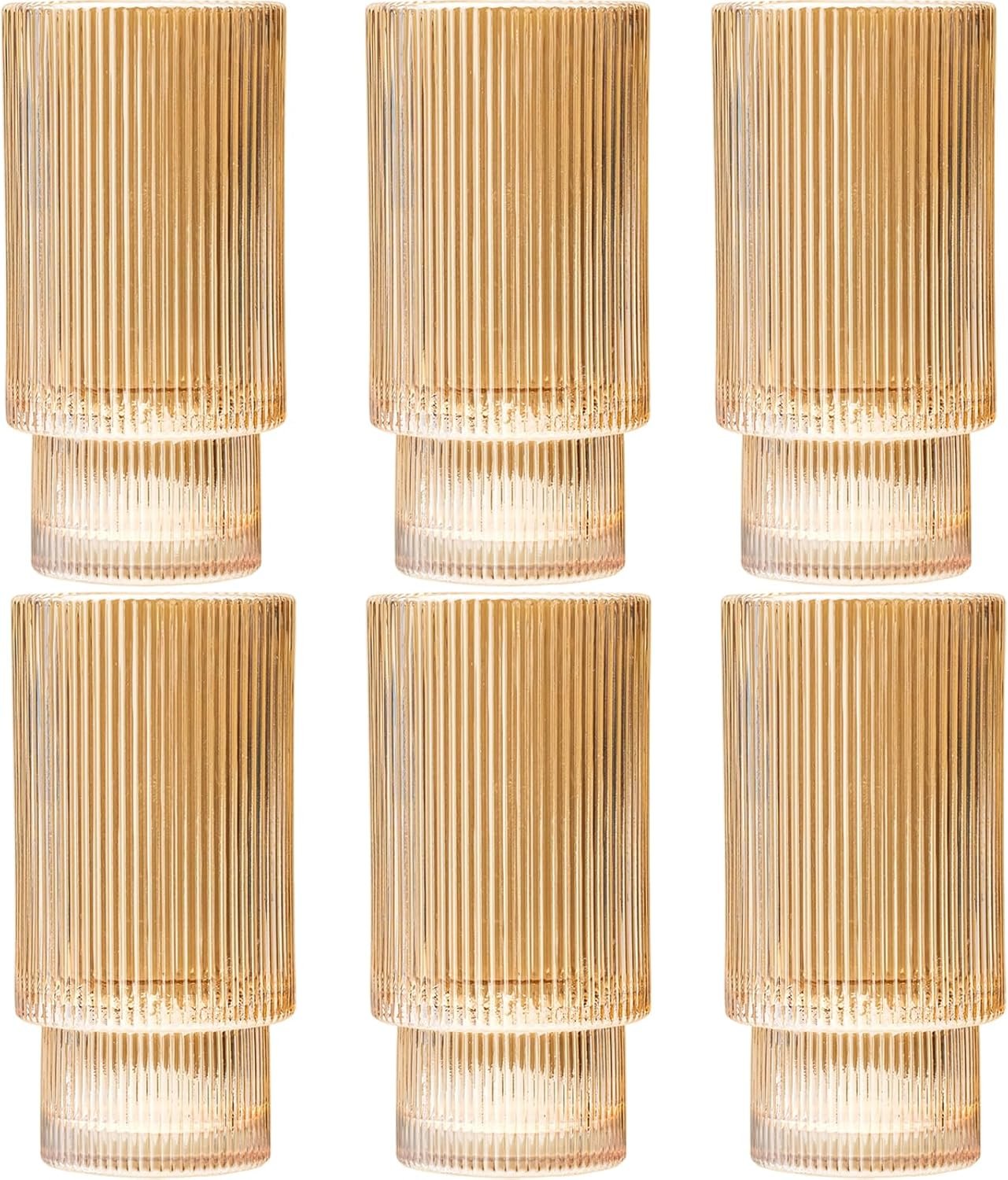 12 oz Ribbed Drinking Glasses Set of 6, Clear Vintage Iced Coffee Cups Elegant Glassware, Highball Glass Cups Ridged Glass Tumbler for Cocktail, Whiskey, Beer, Water, Juice, Origami Style Amber