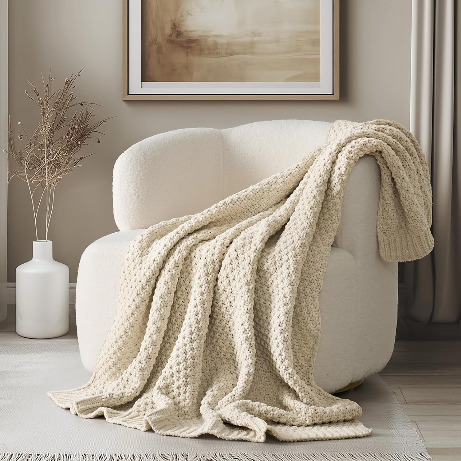 EVERGRACEHOME Chunky Chenille Knit Throw Blanket for Couch, Soft Luxurious Moss Stitch Blankets for Bed, Cozy Decorative Farmhouse Knitted Throws for Sofa, Beige, 50″ x 60″