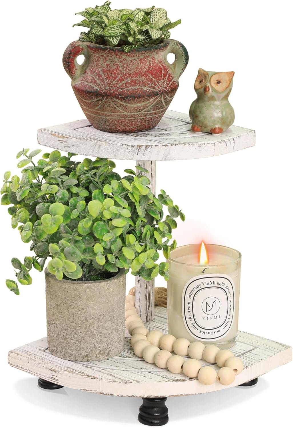 Tikea Decorative Wood Riser for Display, 2-Tier Farmhouse Corner Shelf for Kitchen Bathroom Counter Decor, Farmhouse Riser for Soap Dispenser, Decorations and Plant (White)