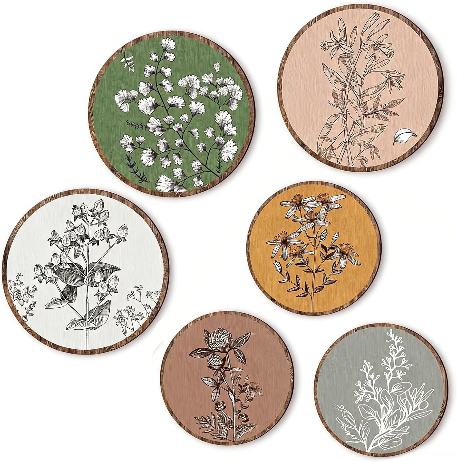 HPZIHYNAP Boho Plant Wall Art Set of 6 – Cute Aesthetic Wooden Wall Decor, Rustic Bohemian Hanging Prints for Bedroom, Living Room & Office