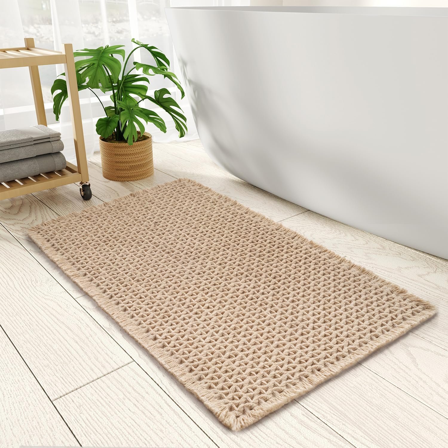 Checkered Bath Mat, Super Absorbent Non Slip Bath Mats for Bathroom Floor 3D Woven Bathroom Mat with Tassels Machine Washable Bathroom Rugs Beside Tub, 17″ x 24″, Brown