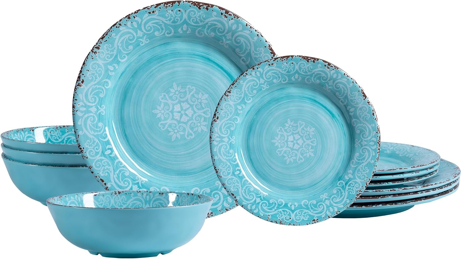 12-Piece Farmhouse Dinnerware Set, set of 4, 100% Melamine Dishes Serving Set with Plates and Bowls, Non-breakable and Lightweight Dinner Set for indoor and outdoor entertaining, Light Teal