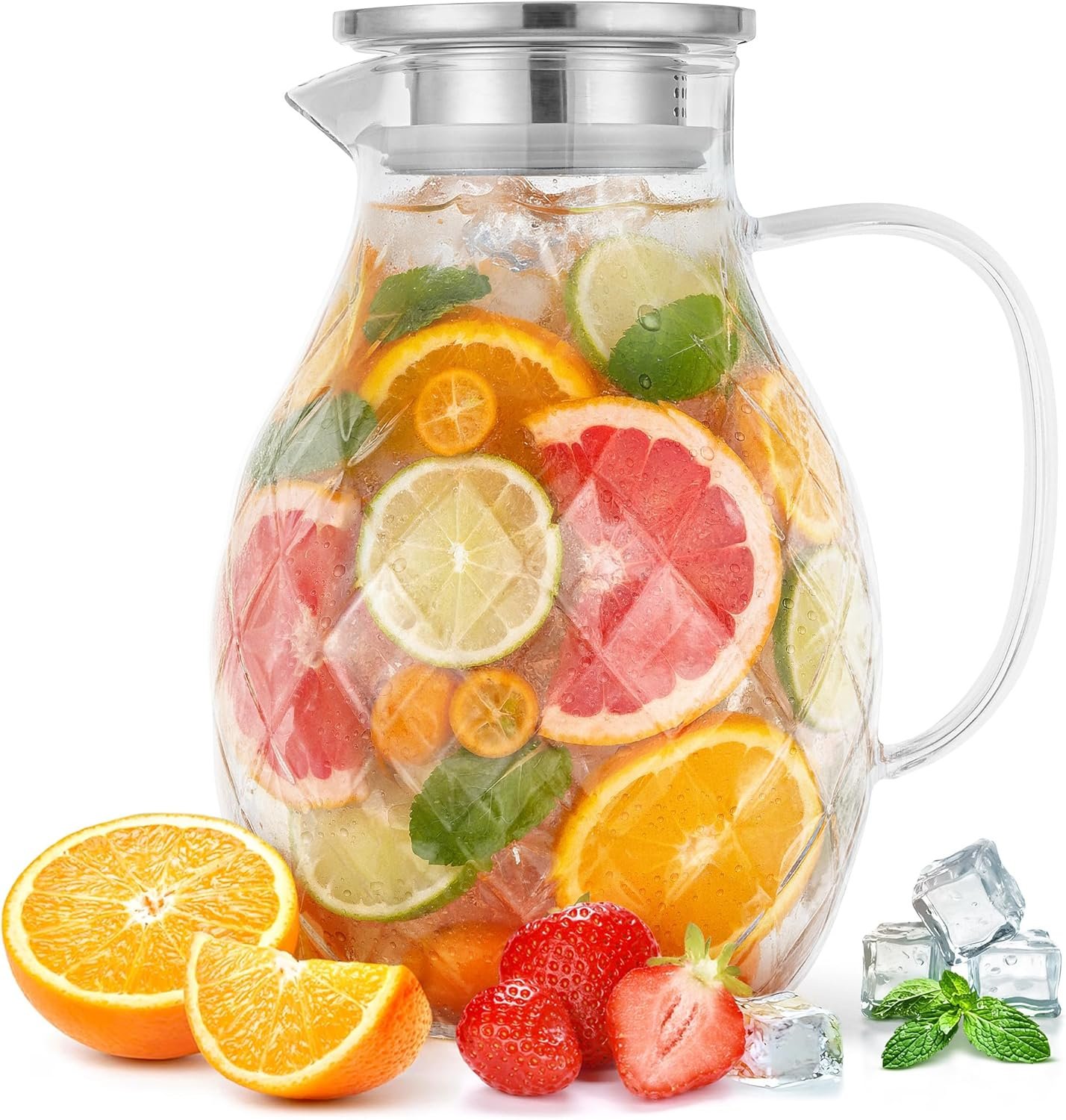 Glass Pitcher with Lid and Spout – 2 Liter / 68 oz, Borosilicate Glass w/Handle – Carafe for Hot/Cold Beverages – Water Jug – Iced Tea Pitcher – Juice Server – by PJC-Kitchen