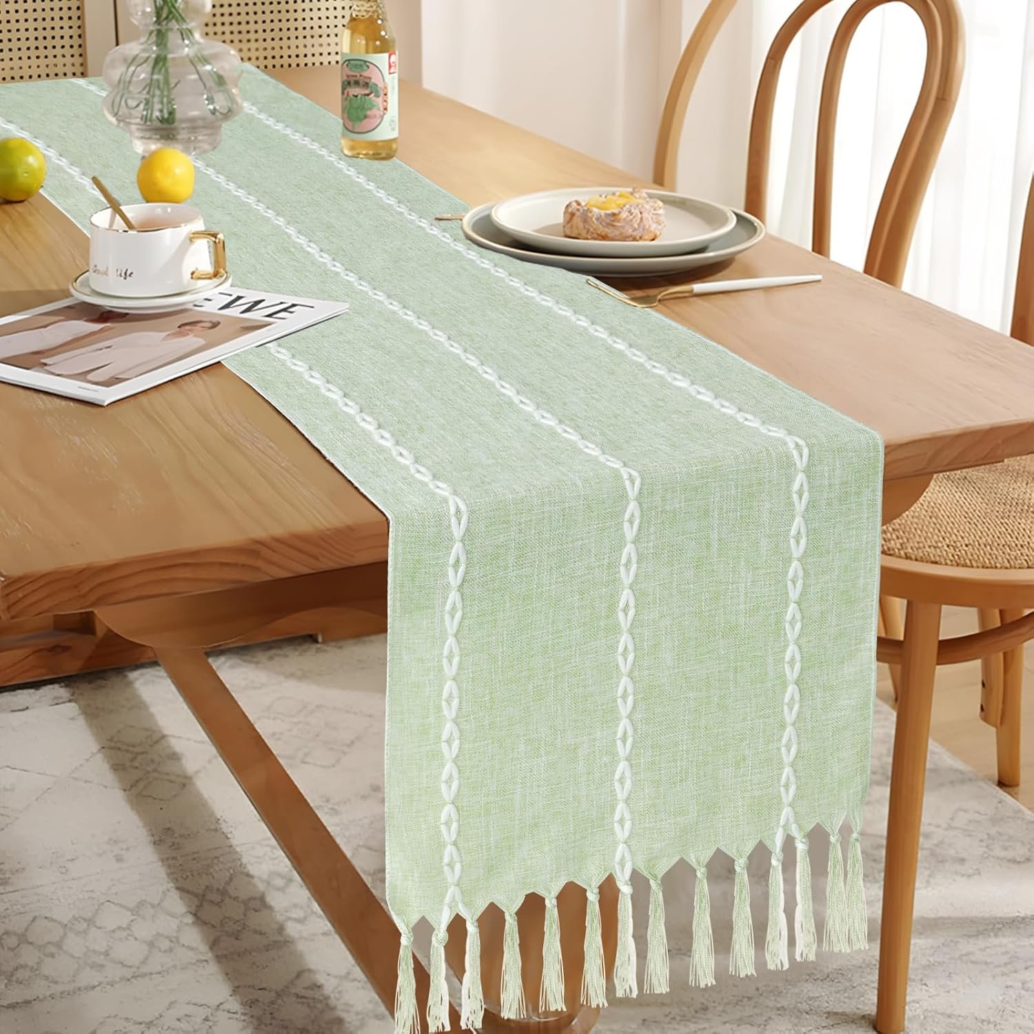 Boho Table Runner, Rustic Farmhouse Cotton and Linen Table Runner with Hand-Tassels, Elegant Kitchen Table Runner for Daily Dining Bedroom Decor and Event Holiday Party Decor 13×72 inches, Sage Green