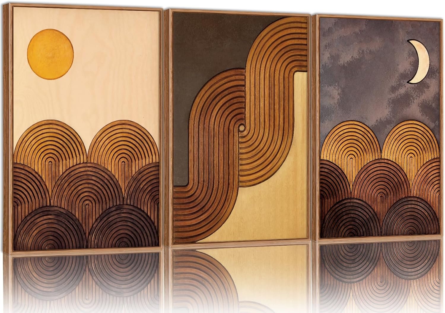 Tinonedraw Mid Century Modern Framed Canvas Wall Art Set, Boho Minimalist Geometric Wall Decor, Bohemian Sun and Moon Art Paintings, Beige Brown Wooden Artwork for Living Room Bedroom Office 24″x36″x3