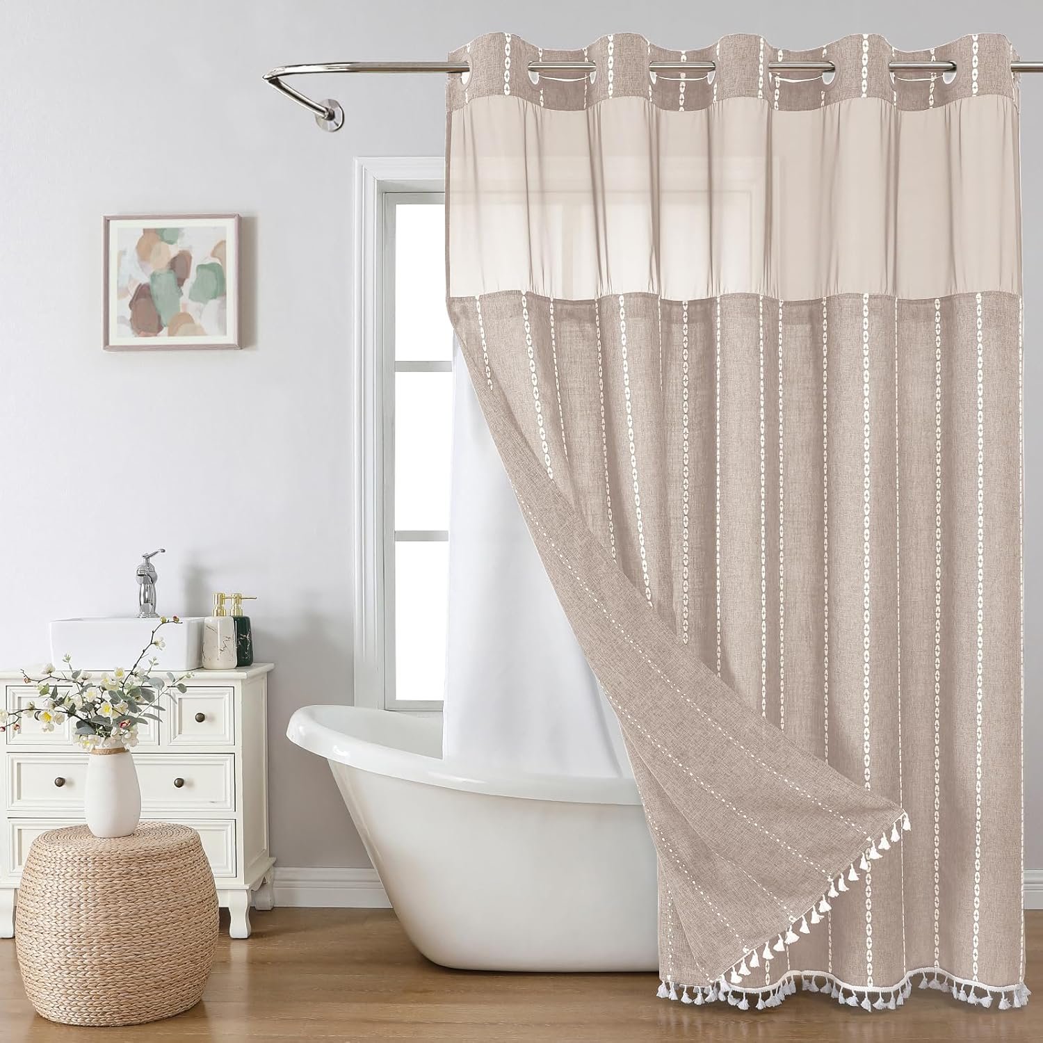 Boho Farmhouse No Hook Shower Curtain Set with Snap-in Fabric Liner,Heavy-Duty Linen Textured Rustic Striped Design,Water-Repellent with Tassels and Sheer Window,Tan/Taupe,71×74