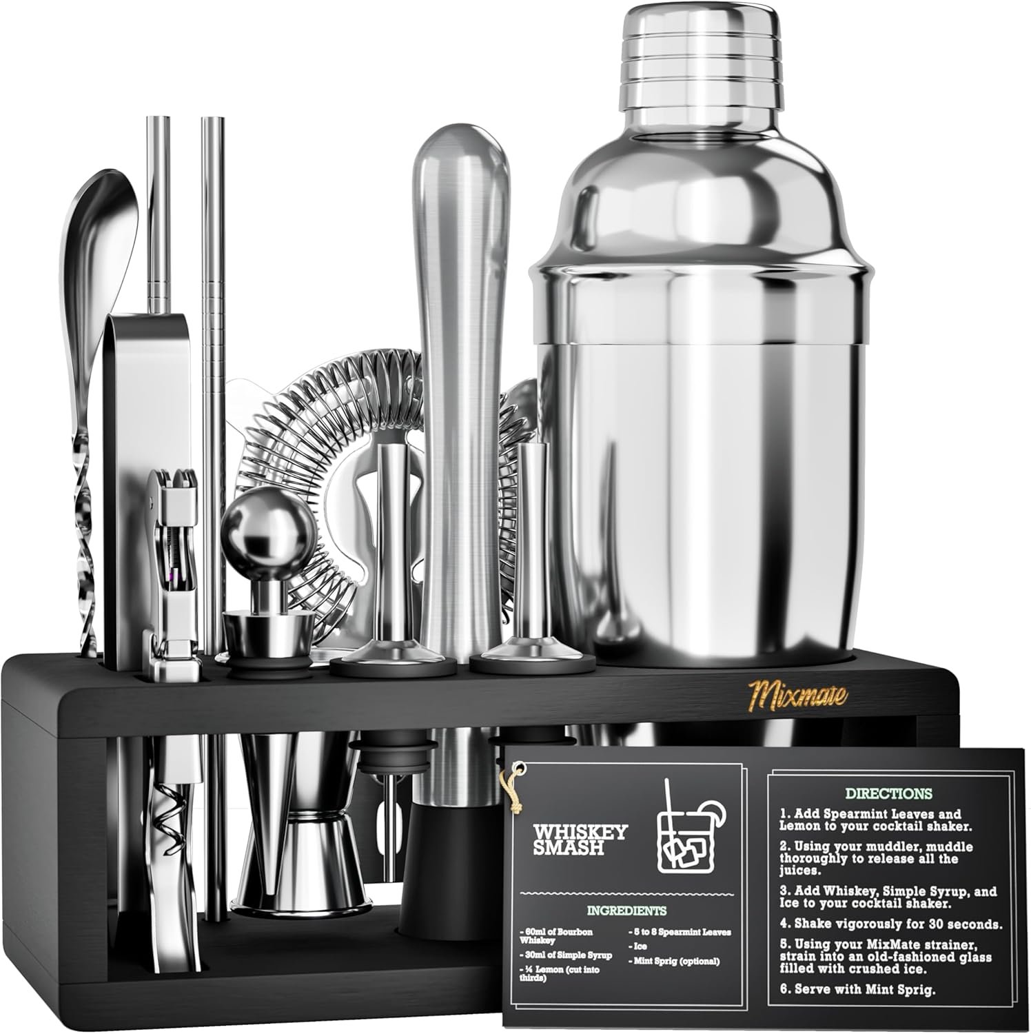 Mixology Bartender Kit with Stand – 15 Piece Bar Tool Set, Silver Bar Set Cocktail Shaker Set for Drink Mixing – Includes Martini Shaker, Jigger, Strainer, Bar Mixer Spoon, Tongs, Opener | Gift Idea