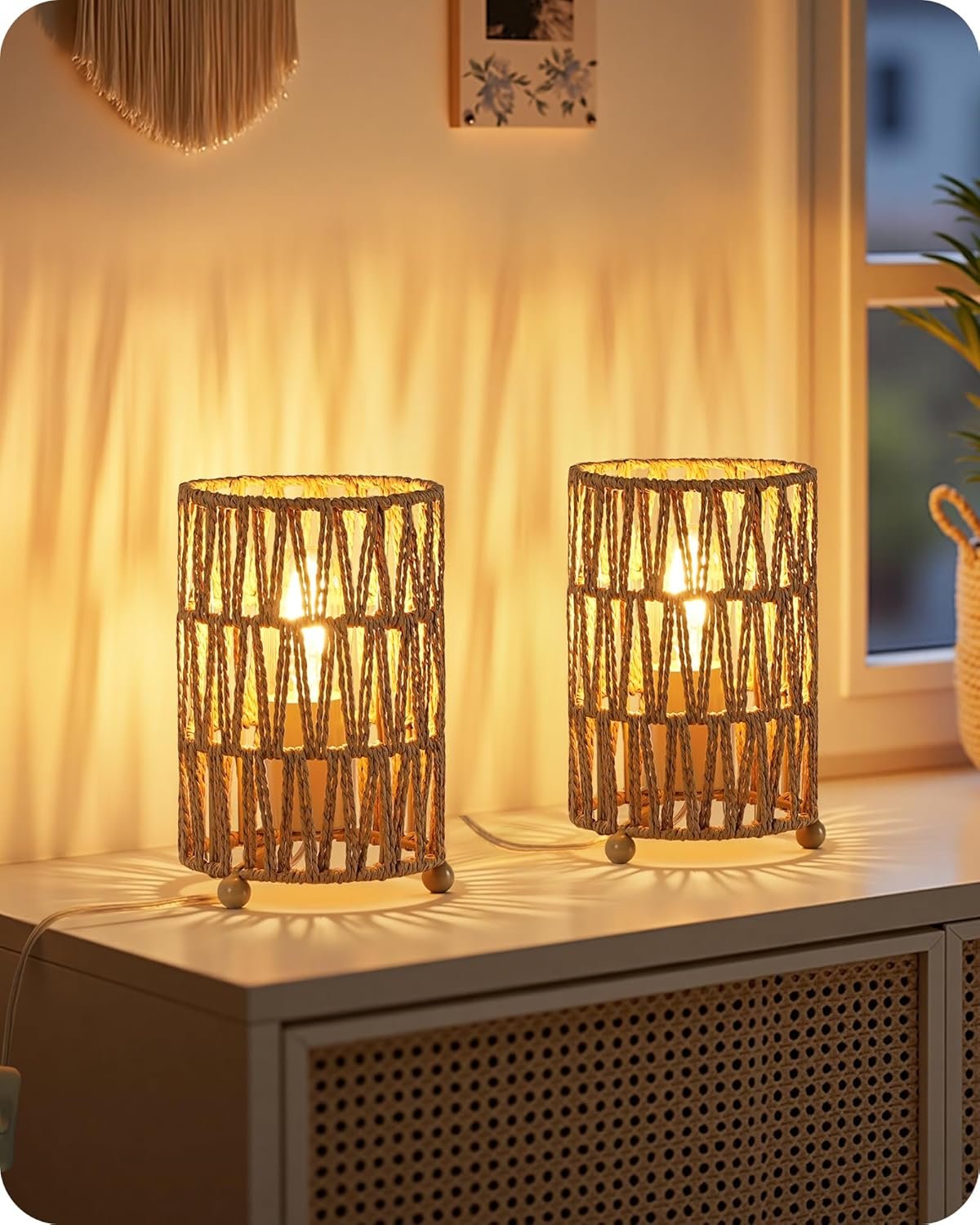 Small Rattan Table Lamps Set of 2, Boho Bedside Lamps Plug in, Handwoven Paper Rattan Lampshade, 2400K LED Bulb Included, Desk Lamp, Nightstand Lamp for Bedroom, Living Room, Mesh H11TLP205