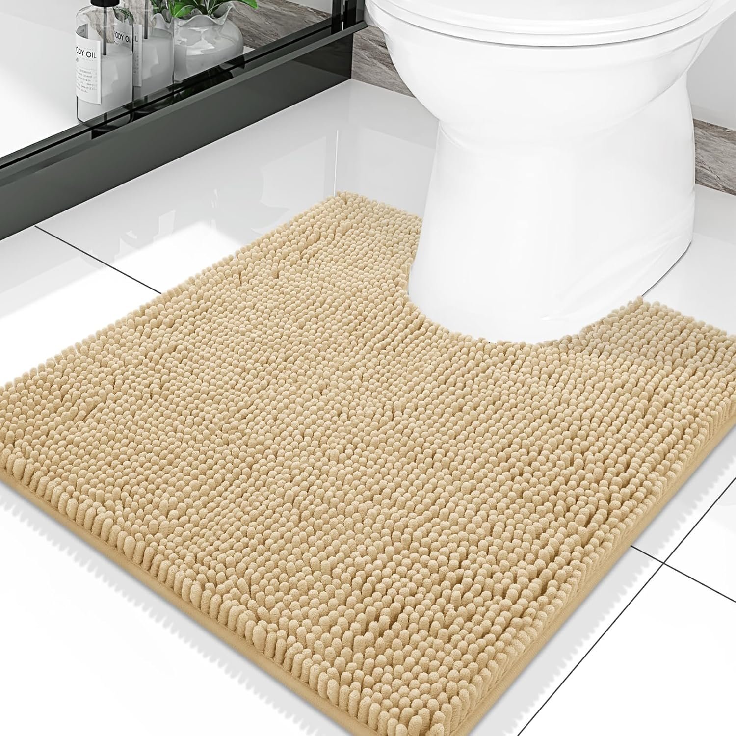 Smiry Luxury Chenille Toilet Rugs U-Shaped 20×20, Soft Absorbent Non-Slip Contour Bathroom Rugs for Toilet, Machine Washable Contoured Bath Mats, Beige