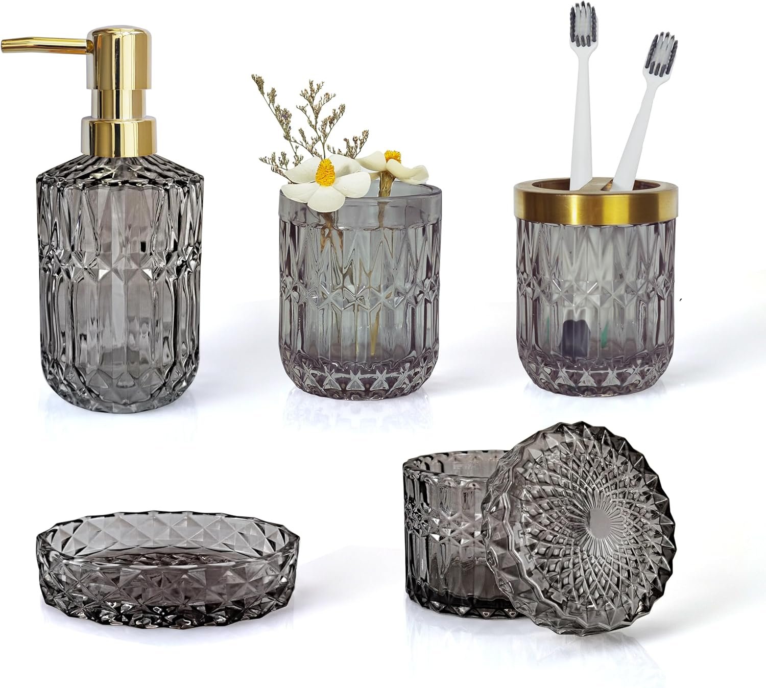 Gray Bathroom Accessories Set, 5Pcs Clear Glass Bathroom Sets, Soap Dispenser, Soap Dish, Toothbrush Holder Set, Cotton Swab Jar, Black and Gold Accent for Vintage Bathroom Decor, Gift Set