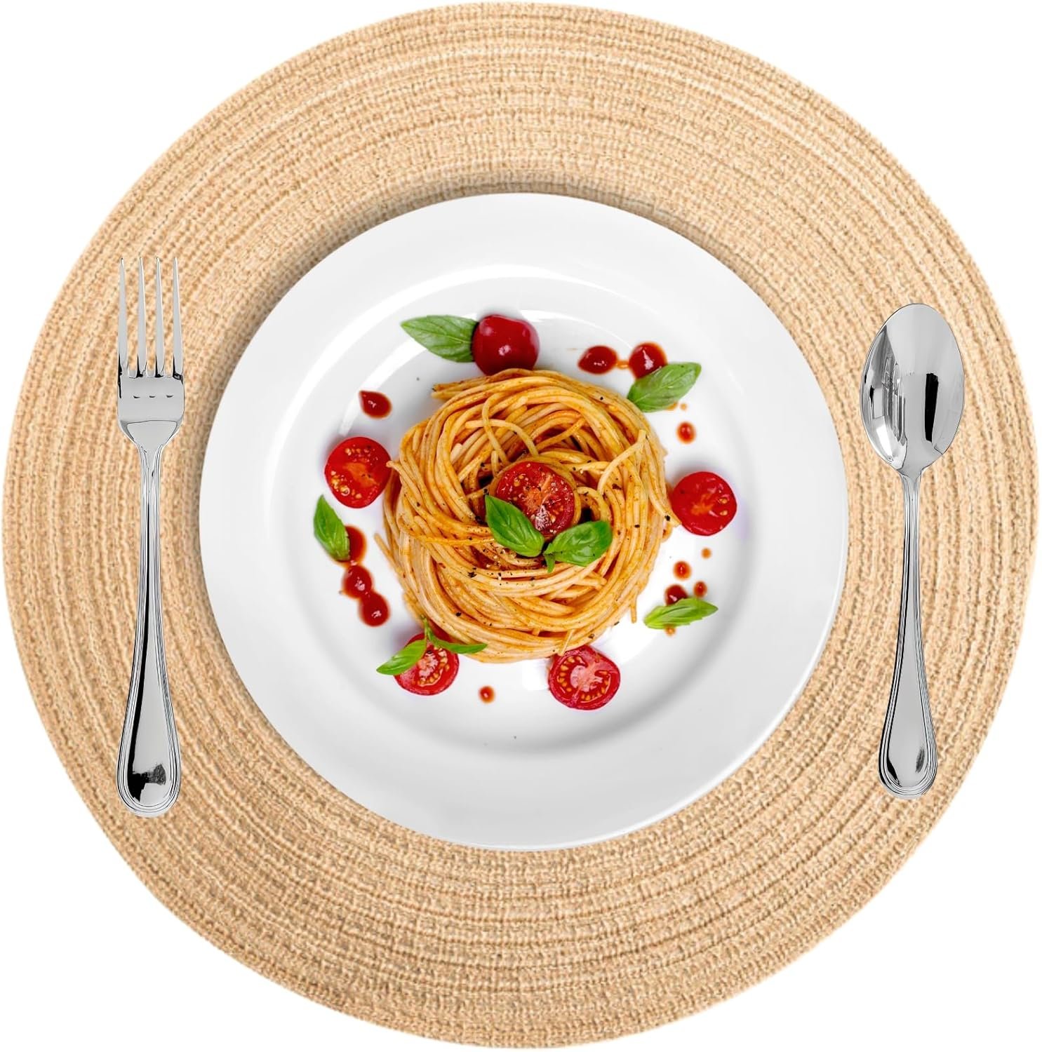 Braided Round Placemats Set of 6, Woven Washable Non-Slip Table Mats for Kitchen Dining, 12 Inch, Heat Resistant (Camel Brown)