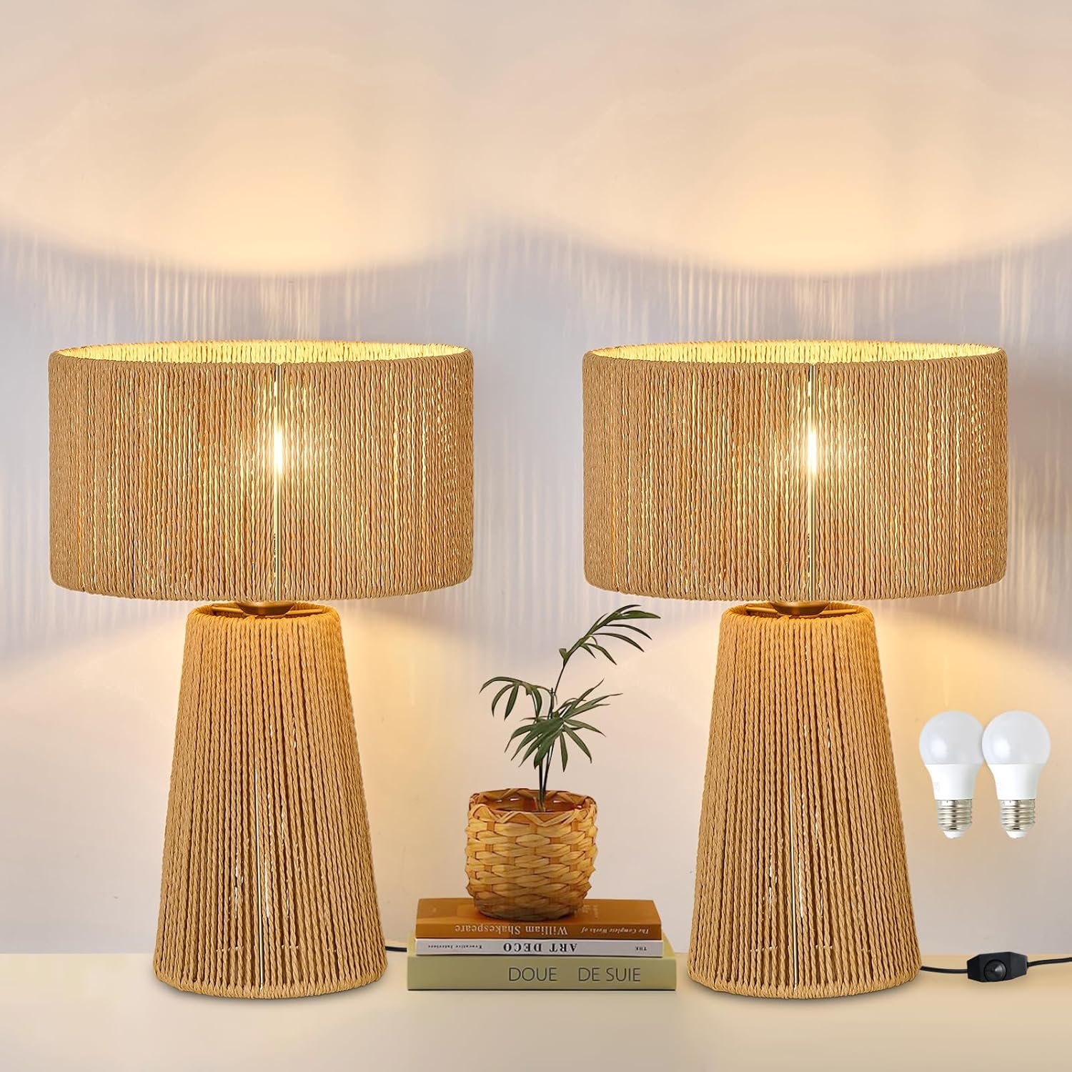 YYJLX Boho Table Lamp Set of 2 Large Rattan Gold Nightstand Lamp with Dimmer Switch Farmhouse Bedside Lamp for Living Room Bedroom Office(Includes E26 Bulbs)