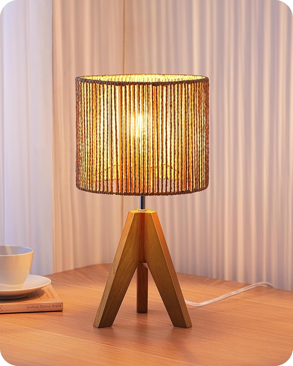 EDISHINE Small Rattan Table Lamp, Wood Tripod Bedside Lamp, Boho Nightstand Lamp for Living Room, End Table, Office, E26 Base, Natural Style