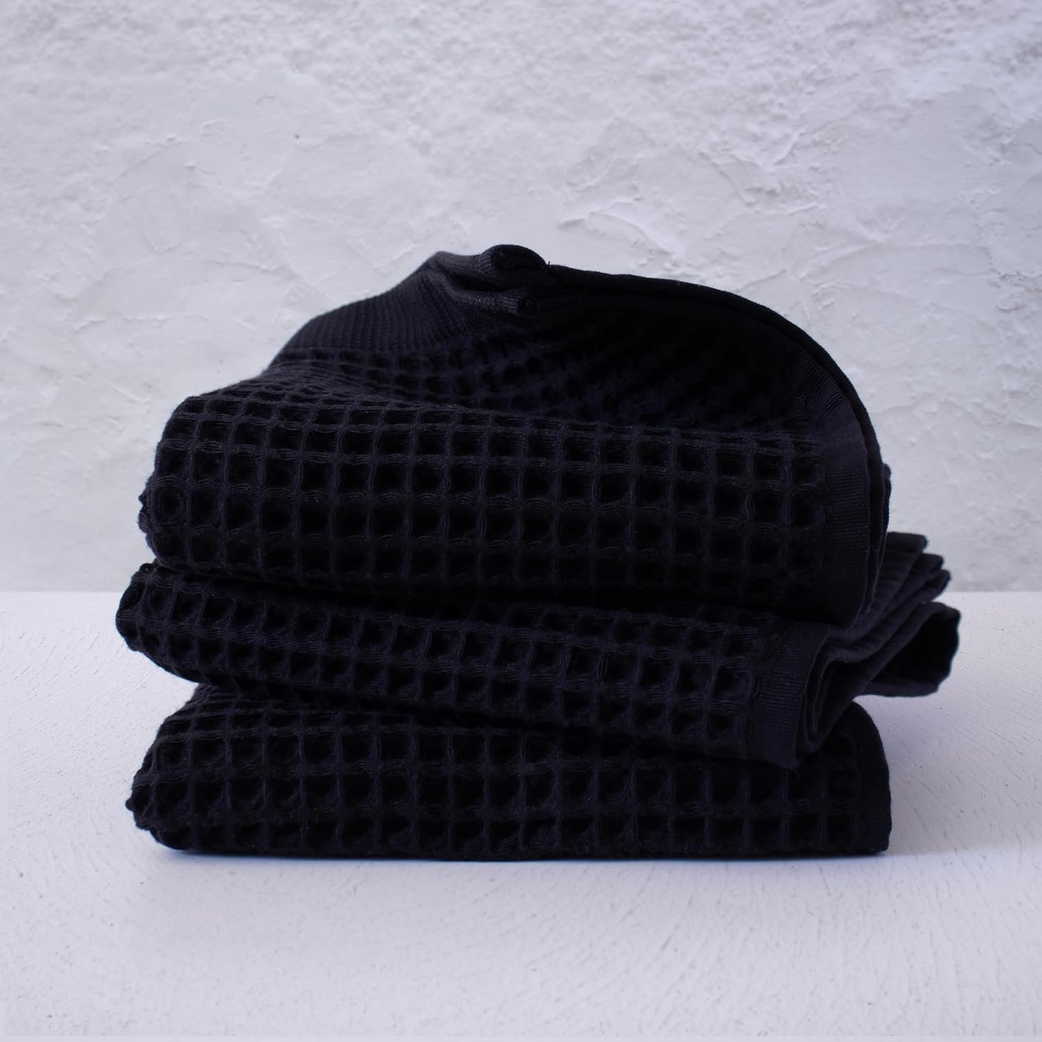 PÜSKÜL – Set of 3 Organic Waffle Hand Towel Black – Premium Quality, 100% Turkish Cotton, Soft, Quick-Dry, Absorbent, Lint-Free Face Kitchen Hand Towels (Black, Hand Towels – Pack of 3)