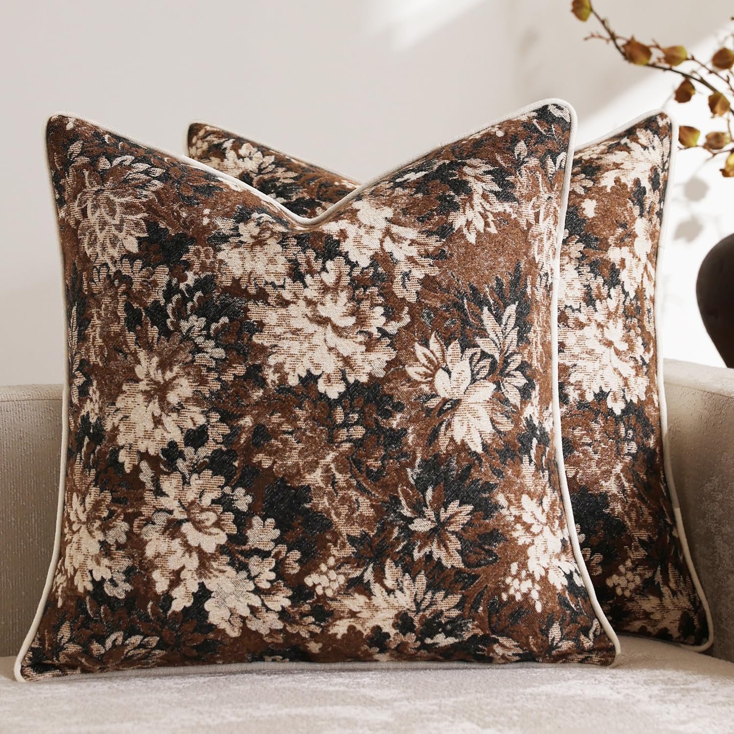 Pack of 2 Vintage Floral Throw Pillow Covers 18×18 Boho Farmhouse Accents Chenille Square Decorative Pillow Cases for Living Room Couch Bed Home Decor, Dark Brown