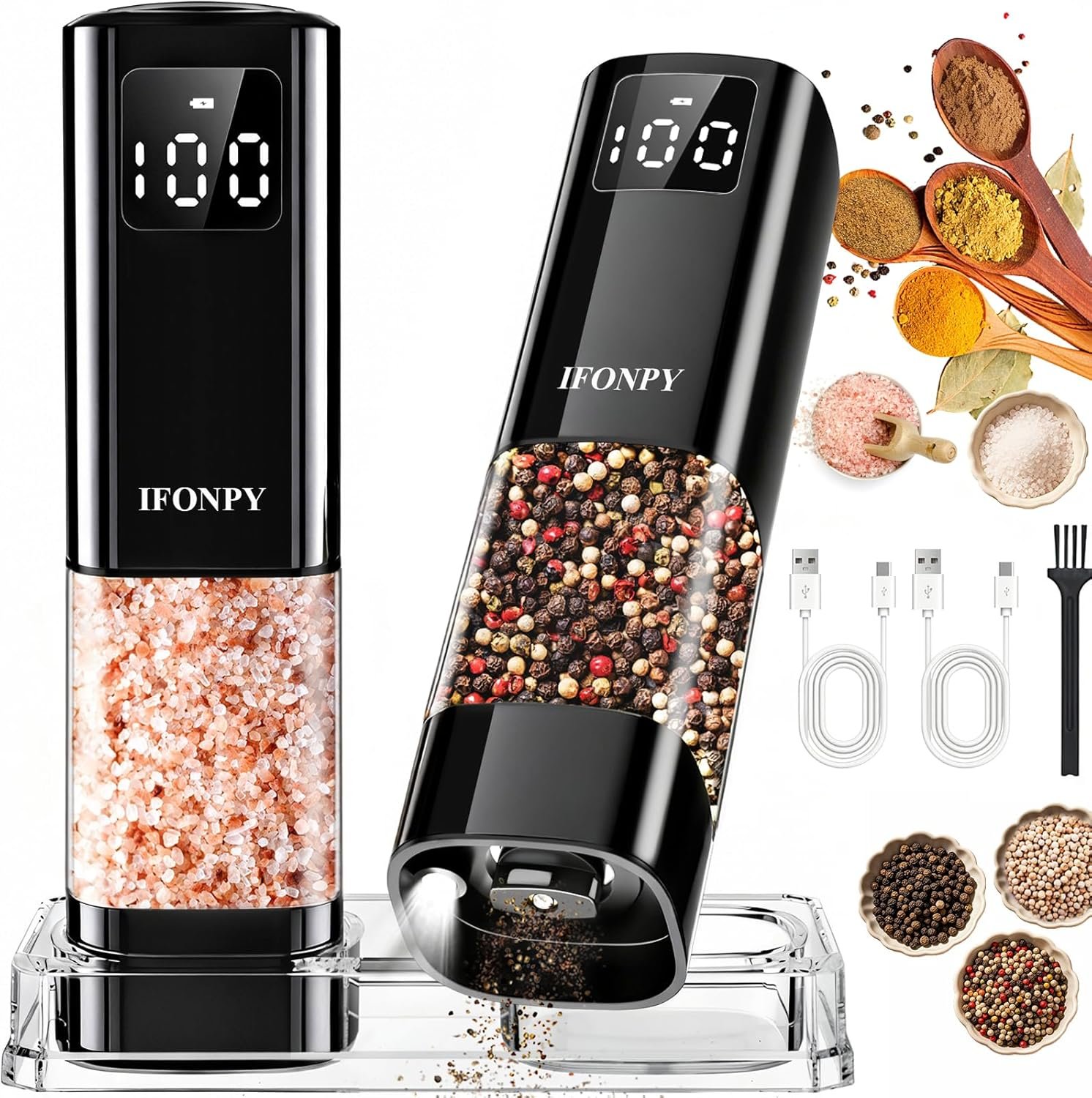 Upgraded Larger Capacity Electric Salt and Pepper Grinder Set Rechargeable with Digital Display, Refillable Electric Pepper Grinder Mill Set with Light & Ceramic Core, Adjustable Coarseness