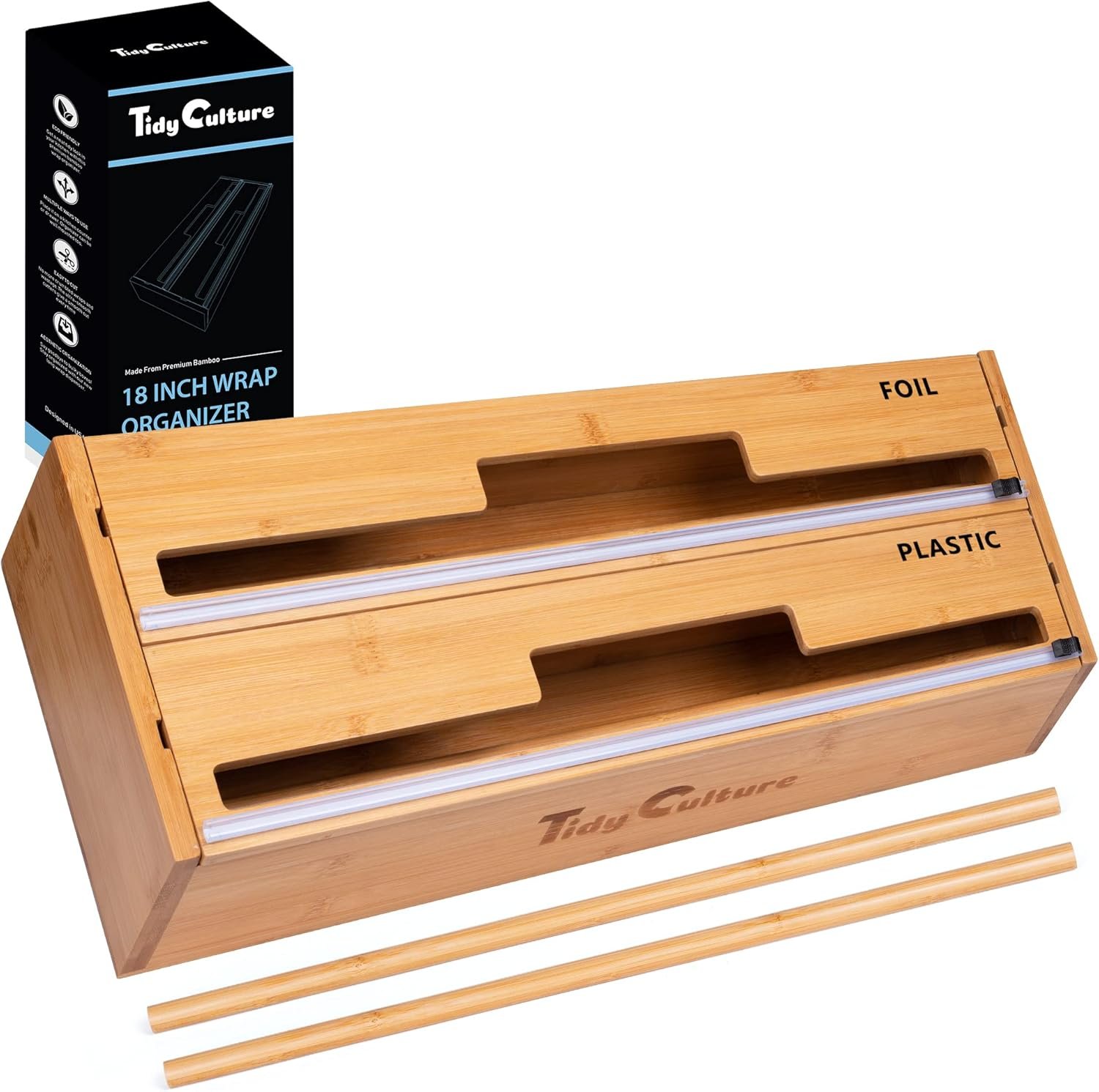 18 Inch Large Foil Wrap Dispenser with Cutter, 2 in 1 Aluminum Butcher Parchment Paper Freezer Tin Wax Cling Foil Plastic Wrap Organizer for Kitchen Drawer Bamboo Saran Storage Roll Holder