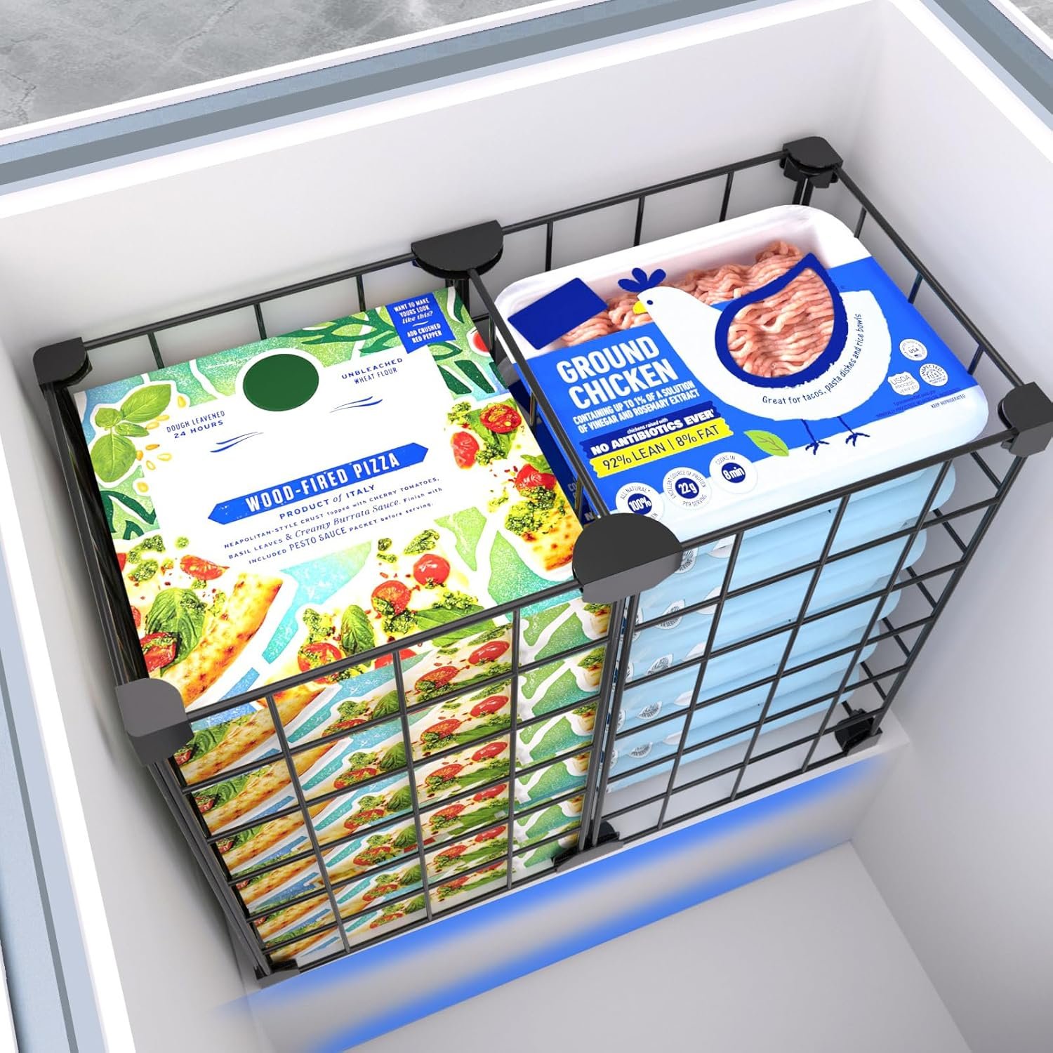 Freezer Organizer Bins, Freezer Dividers for Deep Chest Freezer Compressor Area, Black Wire Basket Shelf for Food Storage Kitchen Refrigerator Organization (Medium)