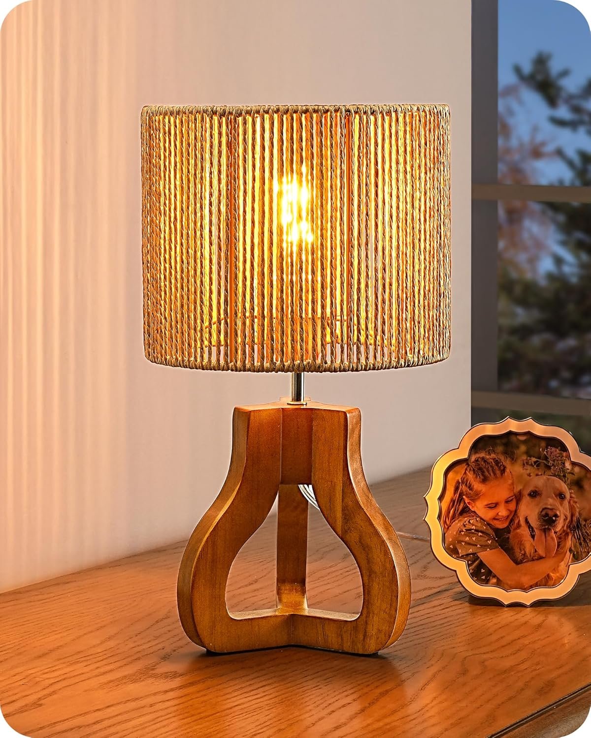 EDISHINE Small Table Lamp, Rose Wood Tripod Nightstand Lamp, Handwoven Paper Rope Shade, 14.6″ Rattan Bedside Lamp for Bedroom Living Room, Office, On-Off Line Switch, E26 Base(Bulb Not Included)