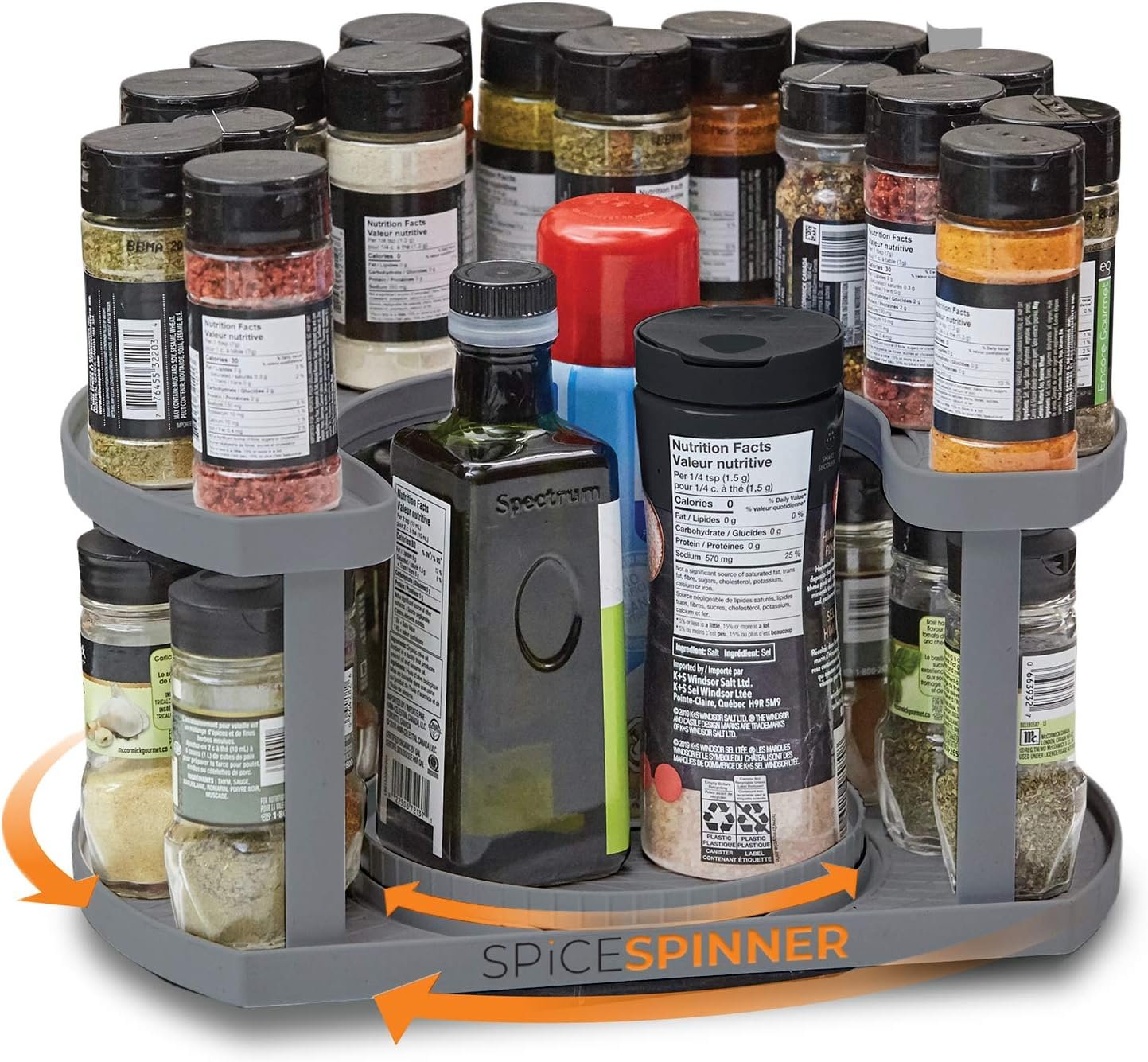 Allstar Innovations Spice Spinner Two-Tiered Spice Organizer & Holder That Saves Space, Keeps Everything Neat, Organized & Within Reach With Dual Spin Turntables- Grey