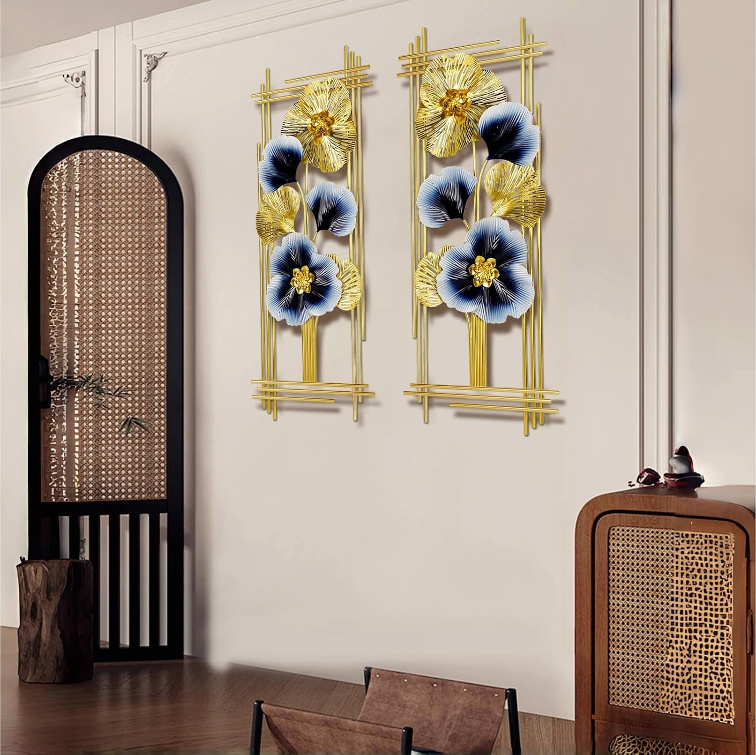 SHERBECK Wall Art Decor 3D 2 Pcs Metal Wall Decor Golden Ginkgo Leaf Modern Elegant Wall Sculptures Wall-mounted Home Decoration for Living Room, Bedroom, Dining Room, Office, Hotel, Large 34″ x 15″