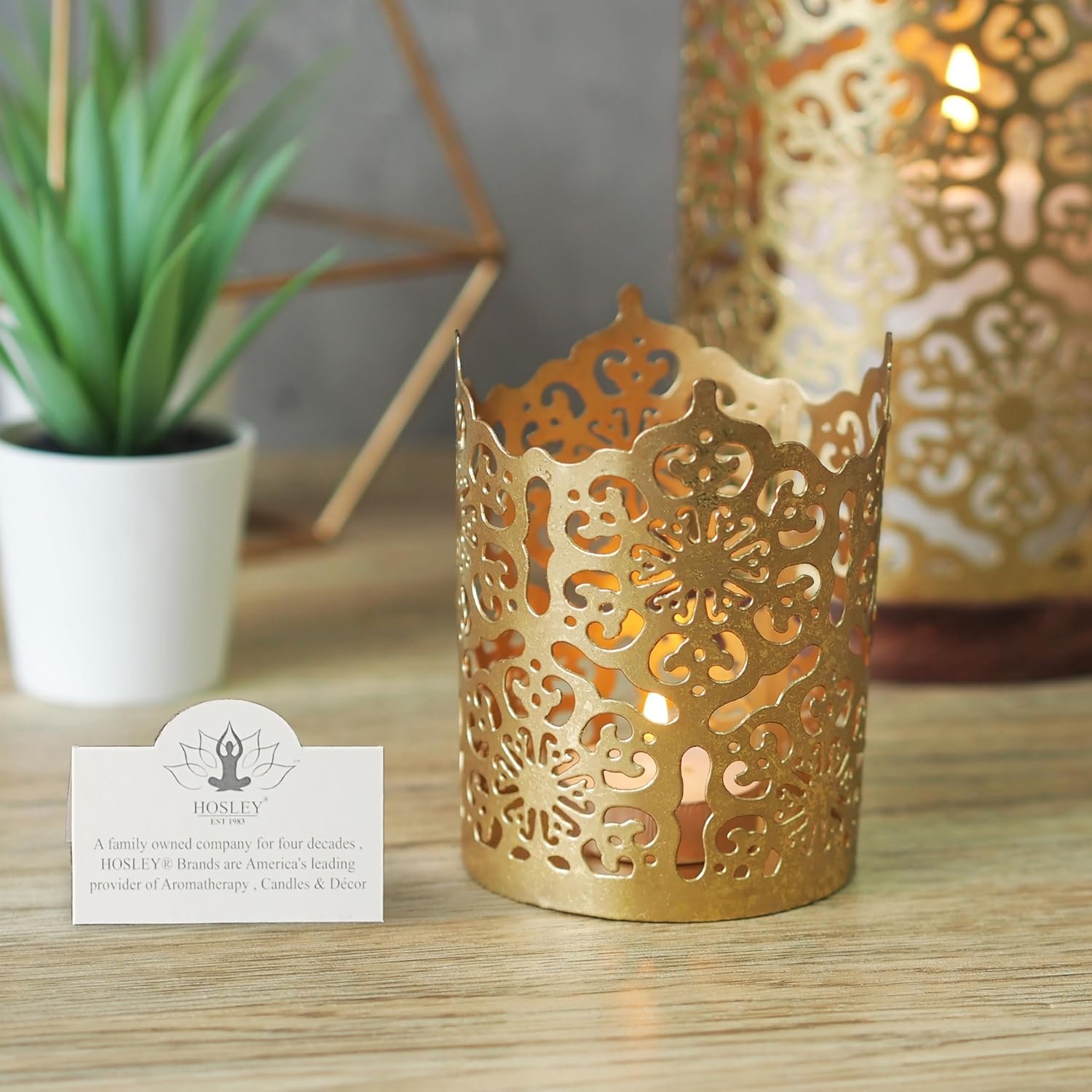 Hosley Set of 3 Gold Diamond Cut Candle Holders 4 Inches High Elevate Your Space with Elegant Metal Candle Holders in a Value Pack