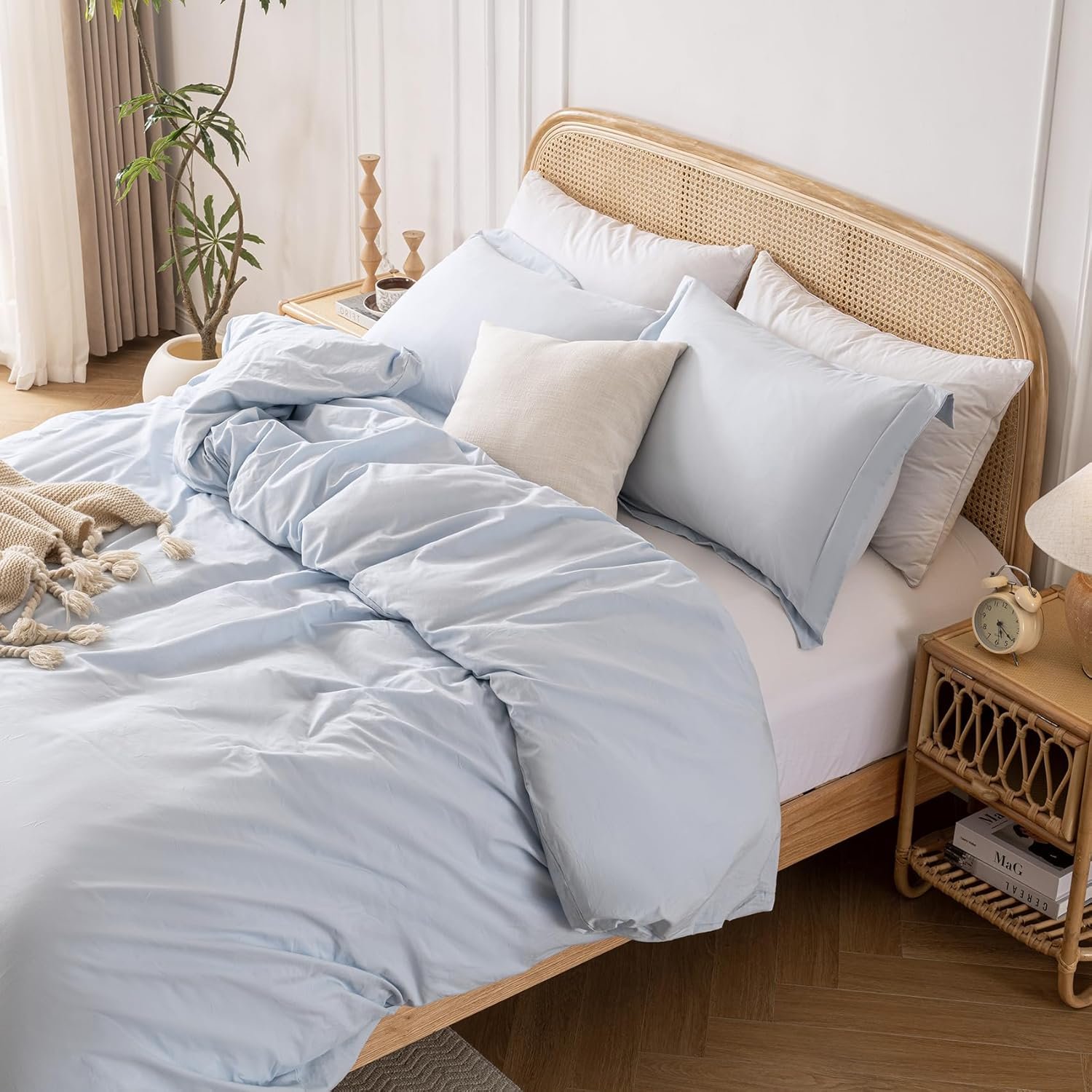 Yibeizi Light Blue 100% Washed Cotton Linen Like Duvet Cover Set Queen Size, 3 Pieces, 1 Duvet Cover 90×90 Inches and 2 Pillow Shams, Soft Breathable Comforter Covers Zipper Closure