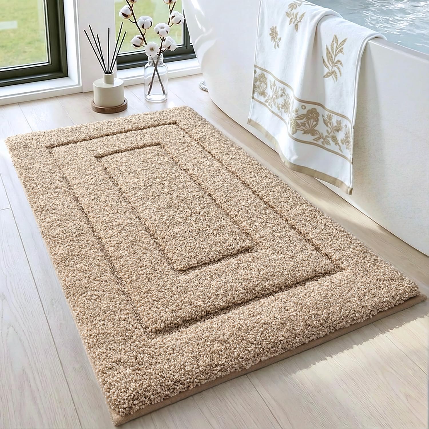 DEXI Bathroom Rug 36×24, Non Slip Washable Bath Mat for Shower Floor, Absorbent Soft Bathmat with Rubber Backing, Quick Dry Microfiber Carpet, Beige
