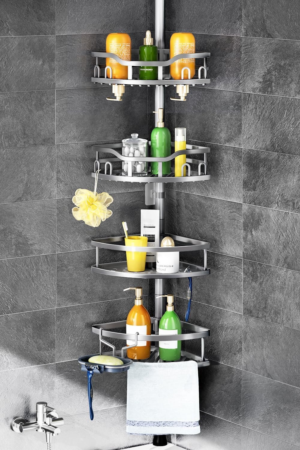 HAMITOR Corner Shower Caddy Tension Pole: Rustproof 4-Tier Bathroom Organizer Shelves for Bathtub Shampoo Storage – 47-121 Inch Quick Install Adjustable Rod Standing Rack with Soap Rack – Silver Gray