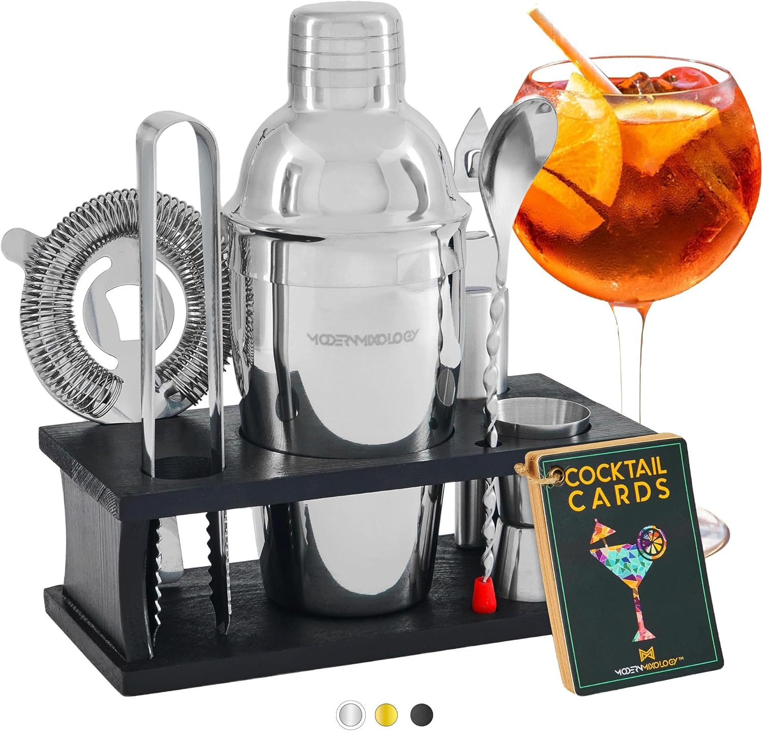 Modern Mixology Cocktail Shaker Set – 8 Piece Bartender Kit on Quality Pine Stand | Complete Cocktail Kit Gift Set | Top Bartender Gifts for Men | Leak Proof Design (Silver)