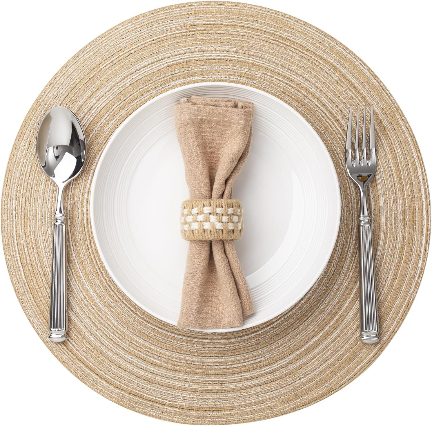 Round Placemats Set of 6 Woven Placemats Washable Braided Table Mats for Dining Table Heat Resistant Non-Slip Circle Place Mats(Beige)