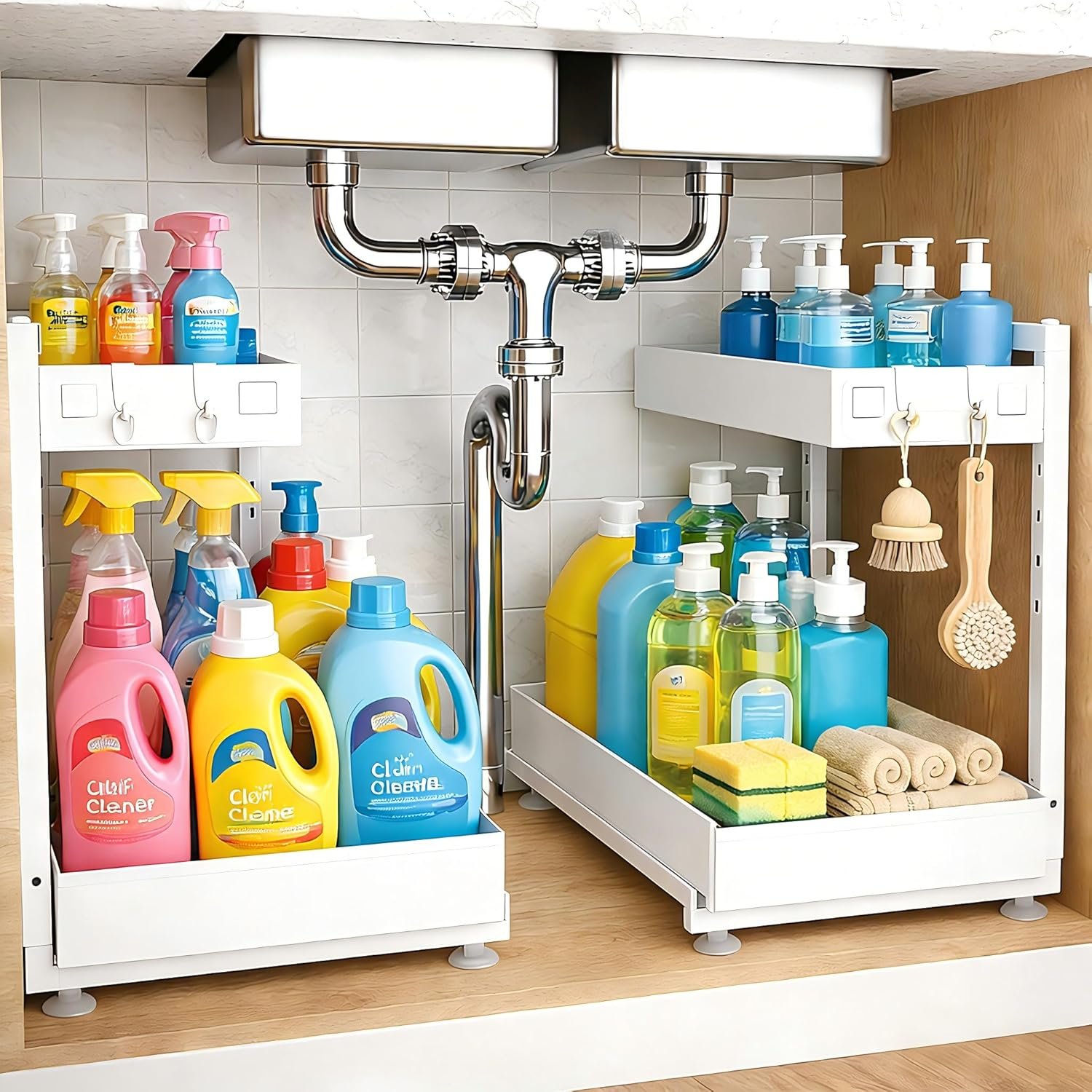 Under Sink Organizer, Bathroom Counter Organizer, 2 Packs 2-Tier Metal, Under Cabinet Storage, Makeup Storage, Adjustable Height & Slide-Out Drawer for Kitchen Bathroom Dorm Shop Office, White