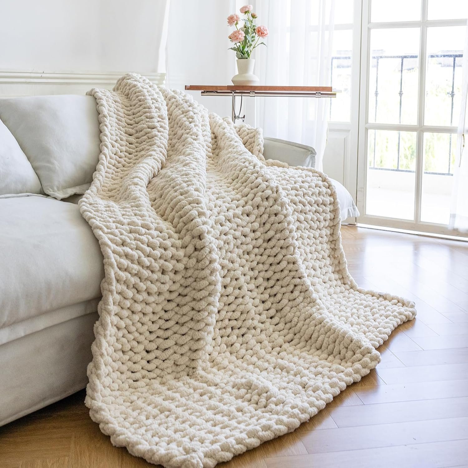 Chunky Knit Blanket – Luxury Soft Cozy 60 * 80 Throw Blanket,100% Woven Blanket Rope Knot Throw Blanket for Couch, Sofa, Home Decor, Gift – Machine Washable (Cream, 60 * 80)