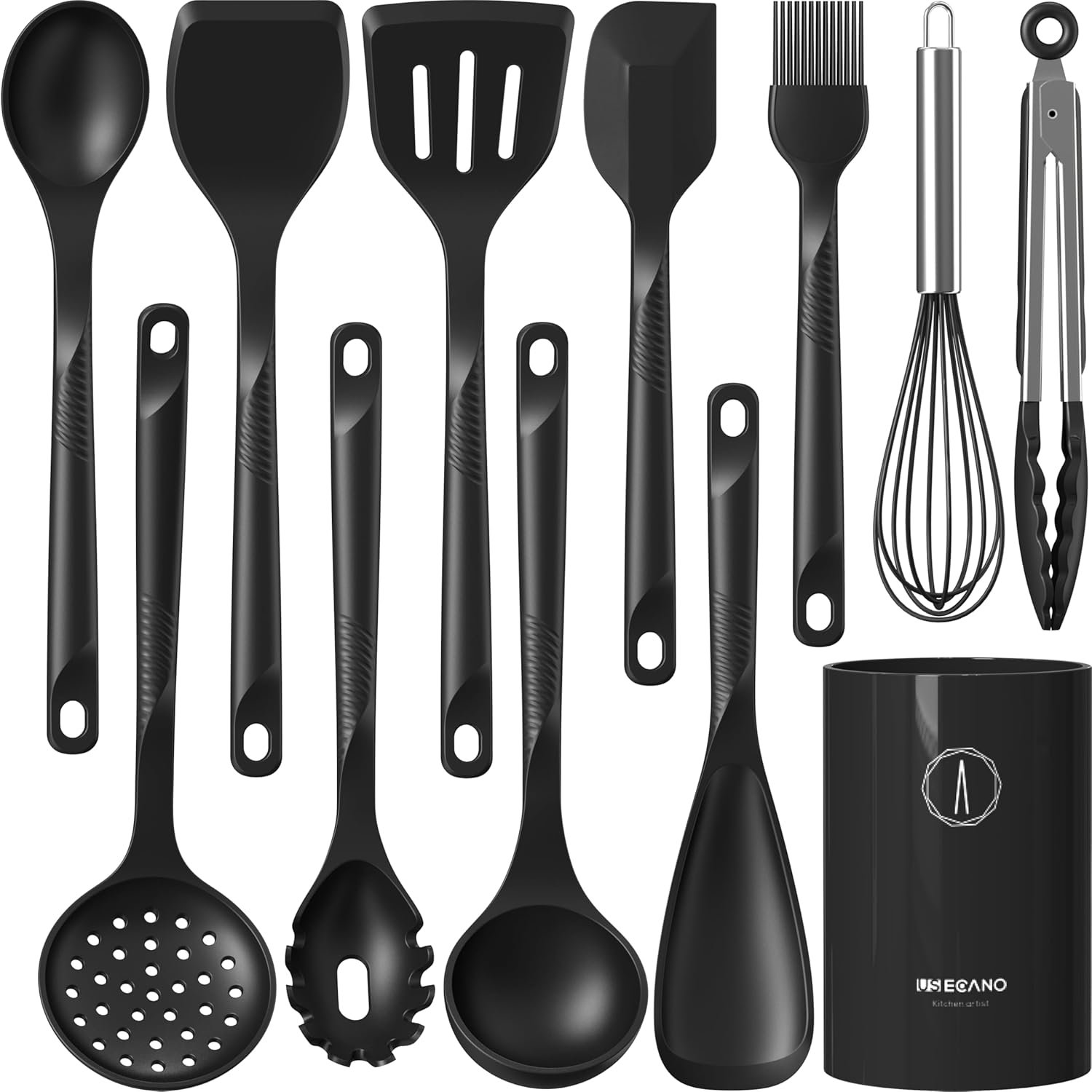 Silicone Cooking Utensils Set – 600°F Heat Resistant, Nonstick Kitchen Utensil Set with Spatulas, Spoons, Whisk, Tongs, BPA Free, Dishwasher Safe, Black