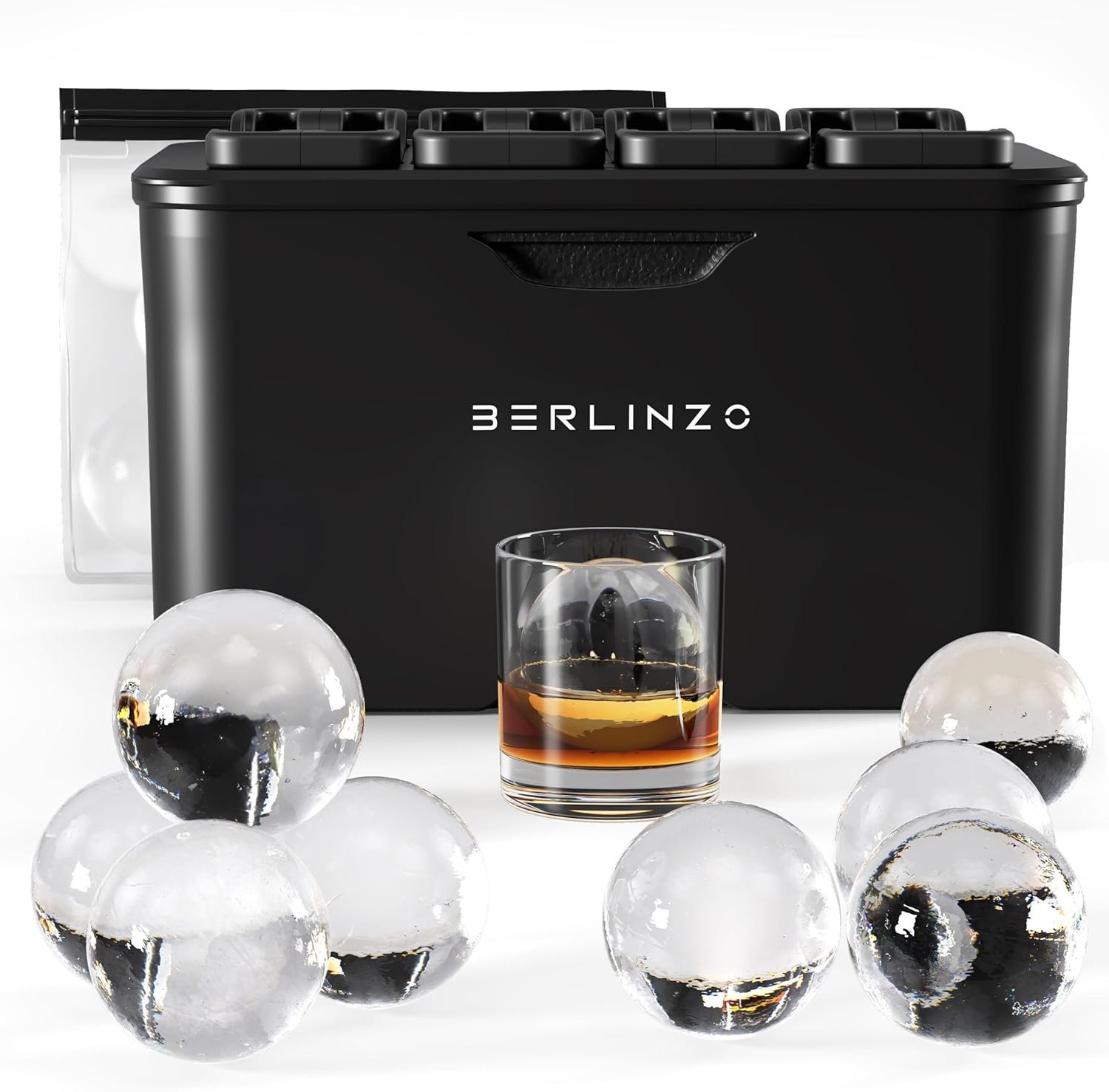 Berlinzo Premium Clear Ice Ball Maker Mold – 8 Large 2.4″ Crystal Clear Ice Balls for Whiskey, Cocktails & Bourbon – Easy-to-Remove Mold for Ice Spheres – XL Storage Bag Included (Non-Electric)
