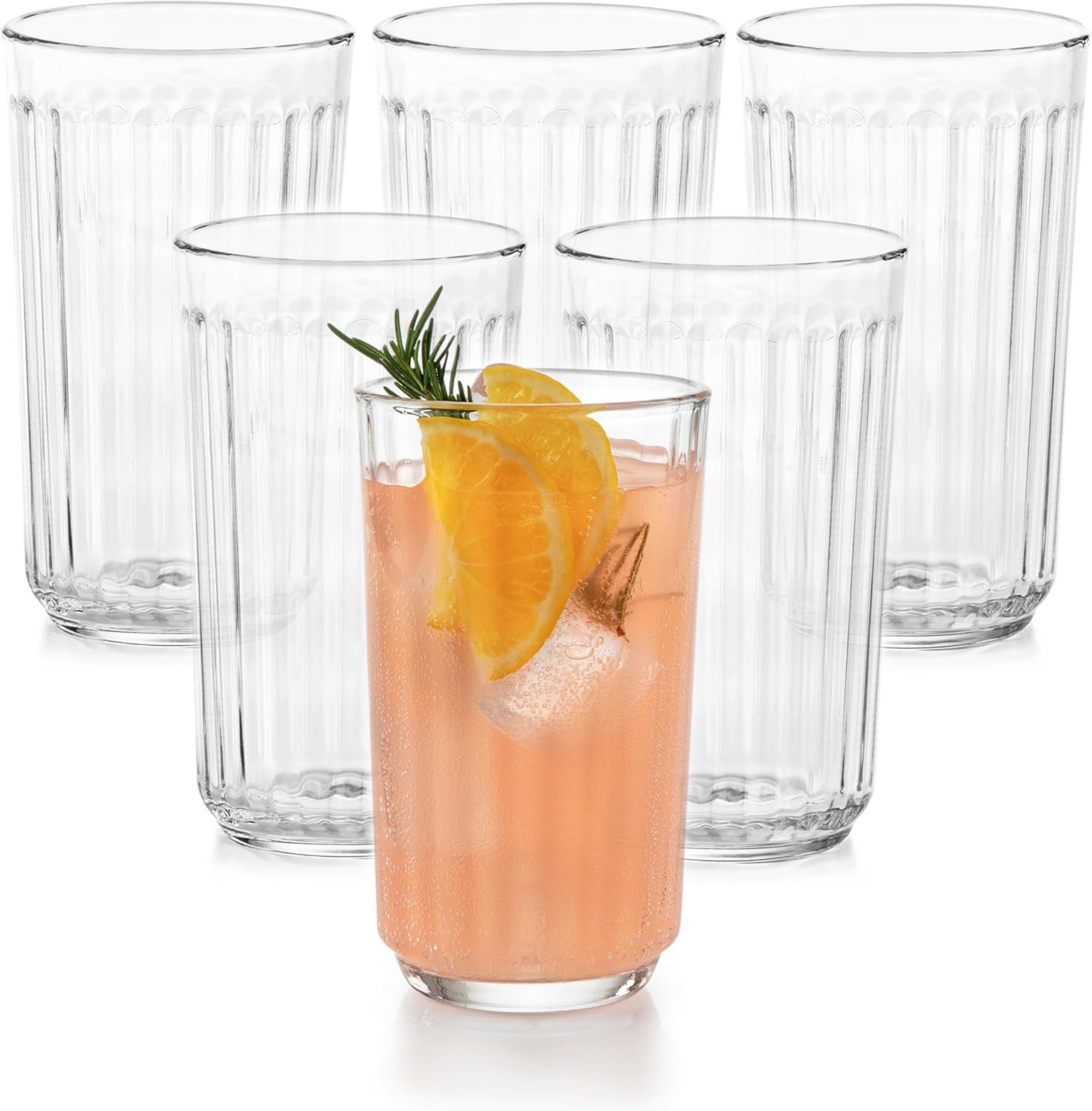 Libbey Paneled Highball Glasses Set of 6, 17 Oz Fine Ribbed Line Whiskey Glasses Set, Dishwasher Safe Highball Champagne Glasses for Juice, Iced Tea
