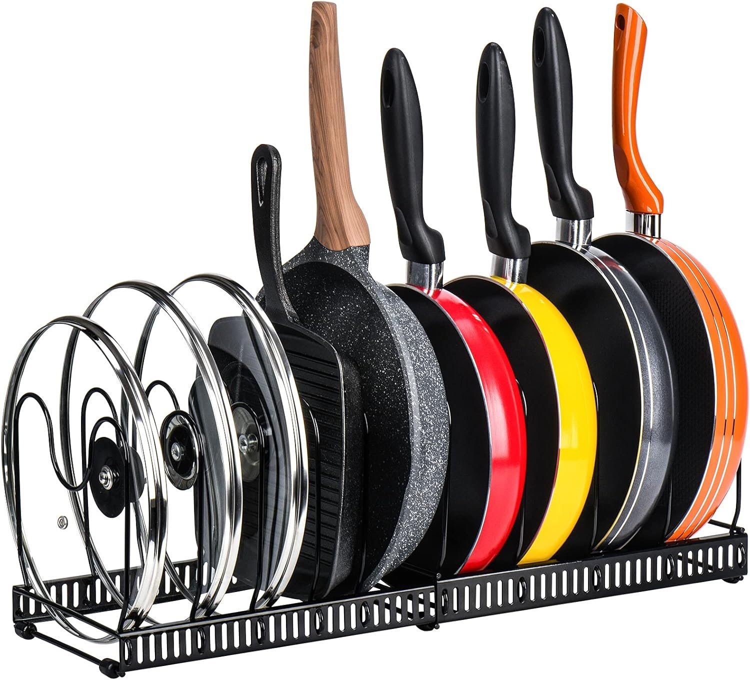 Toplife Pots and Pans Organizer Rack for Cabinet and Countertop, 10+ Pot Lids, Bakeware and Cookware Holder with 10 Adjustable Compartments – Black