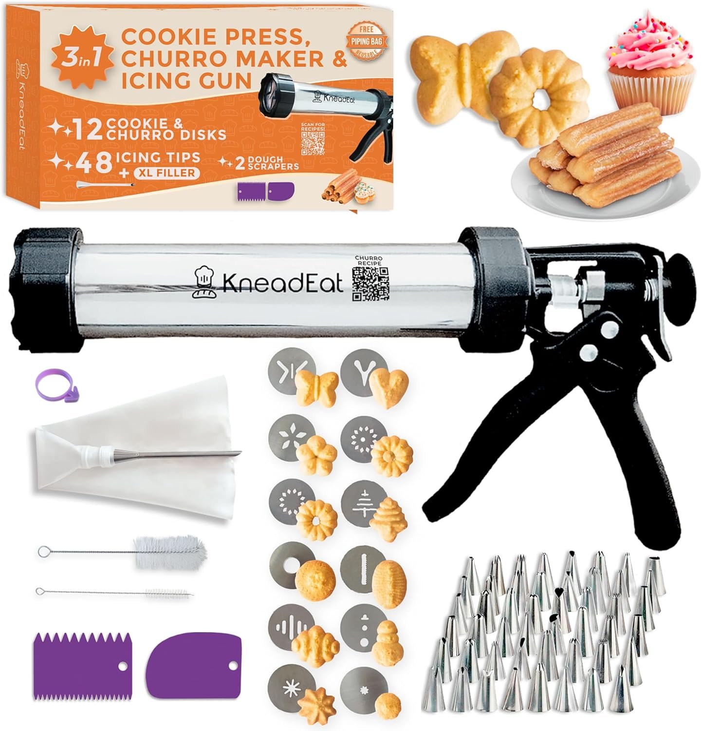 KneadEat Premium 68pc Churro Maker – Spritz Cookie Press Gun Kit – Icing Gun. 12 Cookie and Churro Discs. 48 Icing Tips. XL Filler. Piping Bag. Brushes. For Churros, Cookies and Cake Decorating.