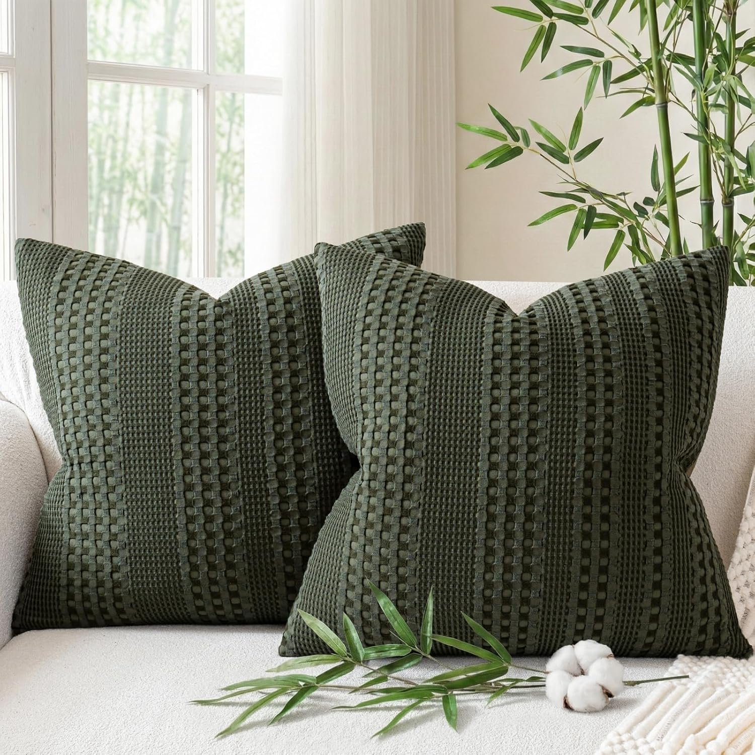 a moment 2 Pack Bamboo Fiber Pillow Covers – Waffle Weave, Ultra Soft & Breathable, Euro Shams Cotton Throw Pillow for Couch, Sofa, Bedroom Living Room 26×26 Inch Olive Green