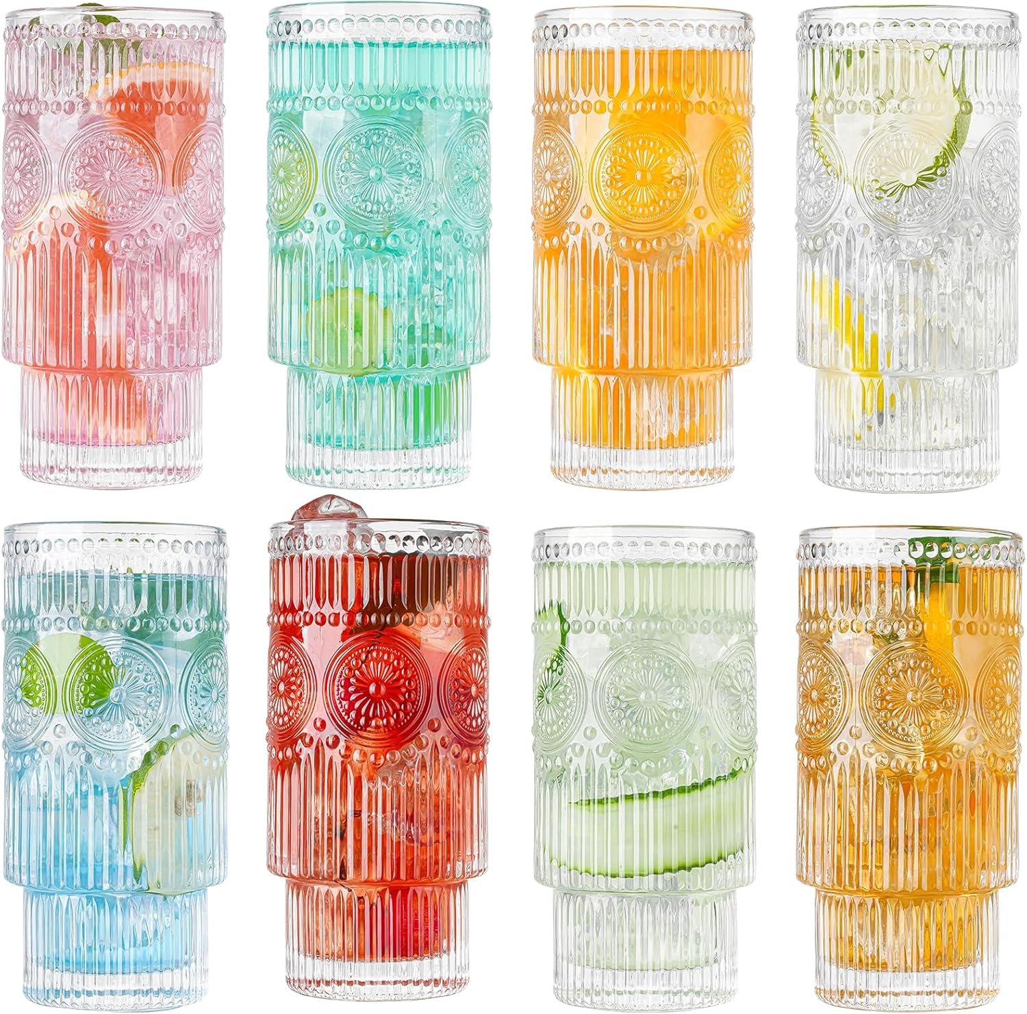 Embossed Designed Glasses, 8pcs Highball Glasses, 16oz Vintage Ribbed Striped Glassware for Cocktail, Whiskey, Juice