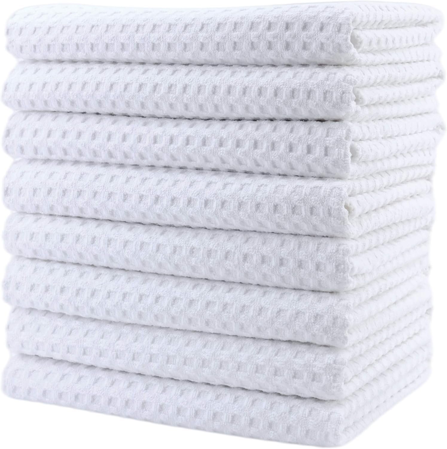 POLYTE Ultra Premium Microfiber Kitchen Dish Hand Towel Waffle Weave, 8 Pack (16×28 in, White)