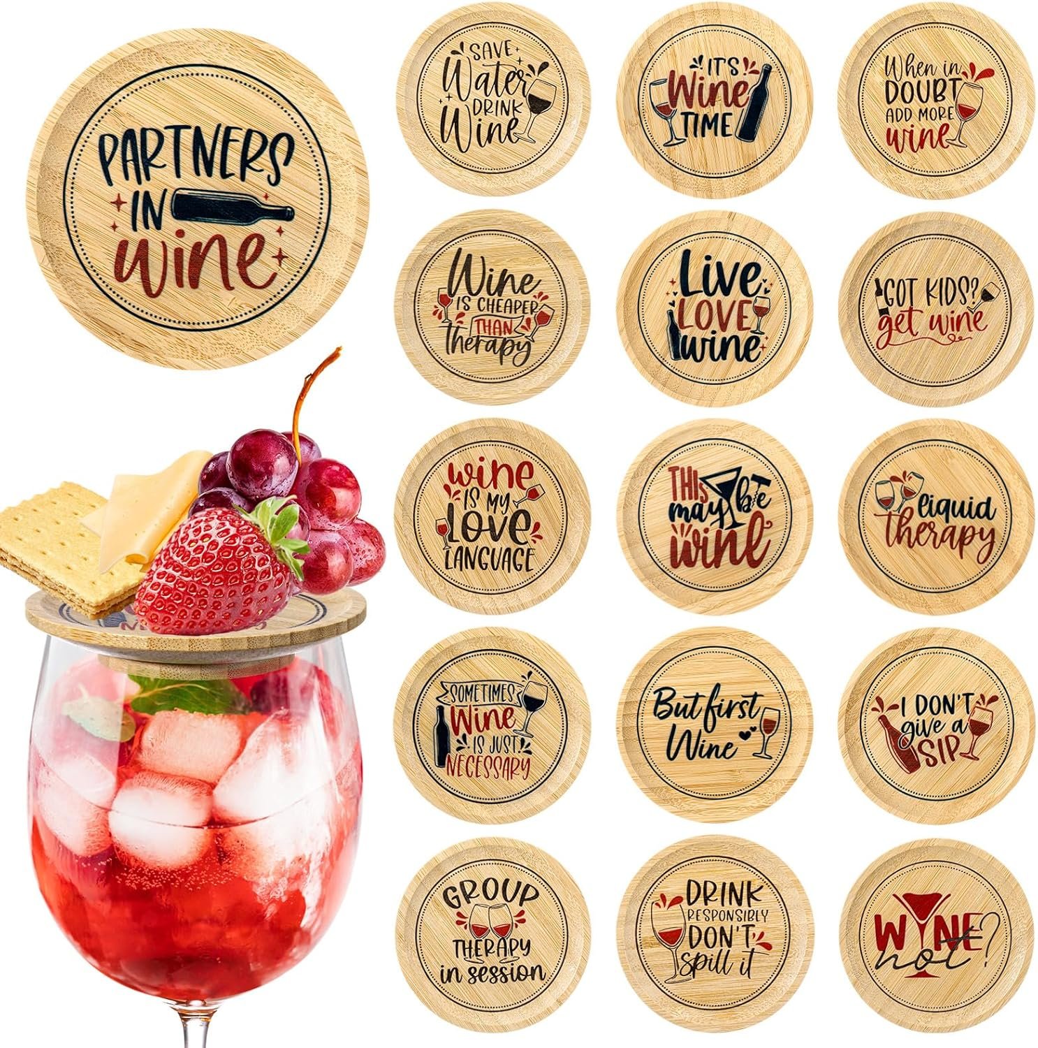 Mumufy 16 Pcs Wine Glass Charcuterie Topper 4″ Drink Glass Covers Funny Bamboo Mini Charcuterie Boards Appetizer Plates Gift for Mother’s Day Family Gatherings Wine Tasting Party Accessories (Fashion)