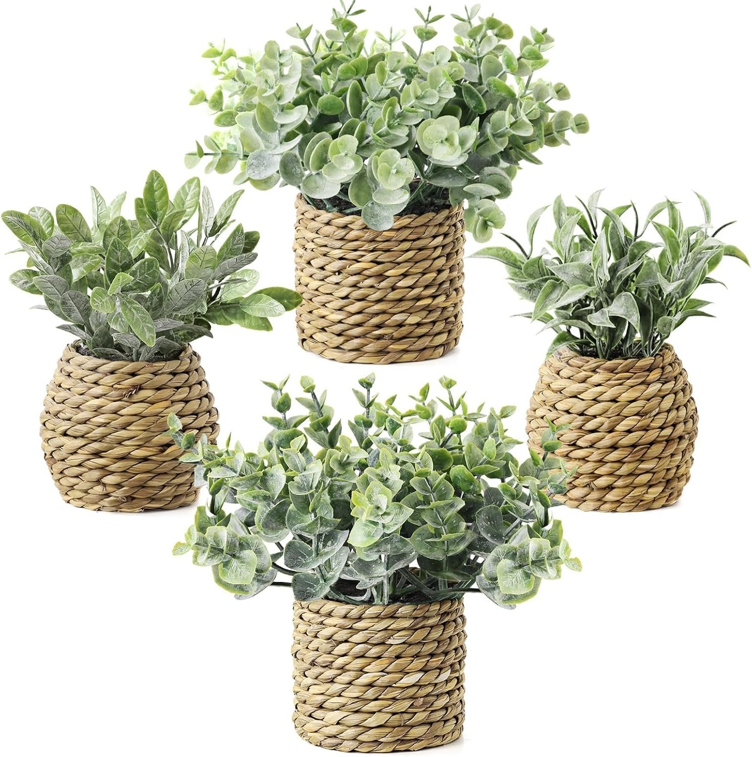 Small Fake Potted Plants: 7 Inches Artificial Plants with Seagrass Handwoven Planters, Indoor Farmhouse Spring Decorations, Eucalyptus Plant for Home Bathroom Office Shelf Tabletop Desk Room Decor