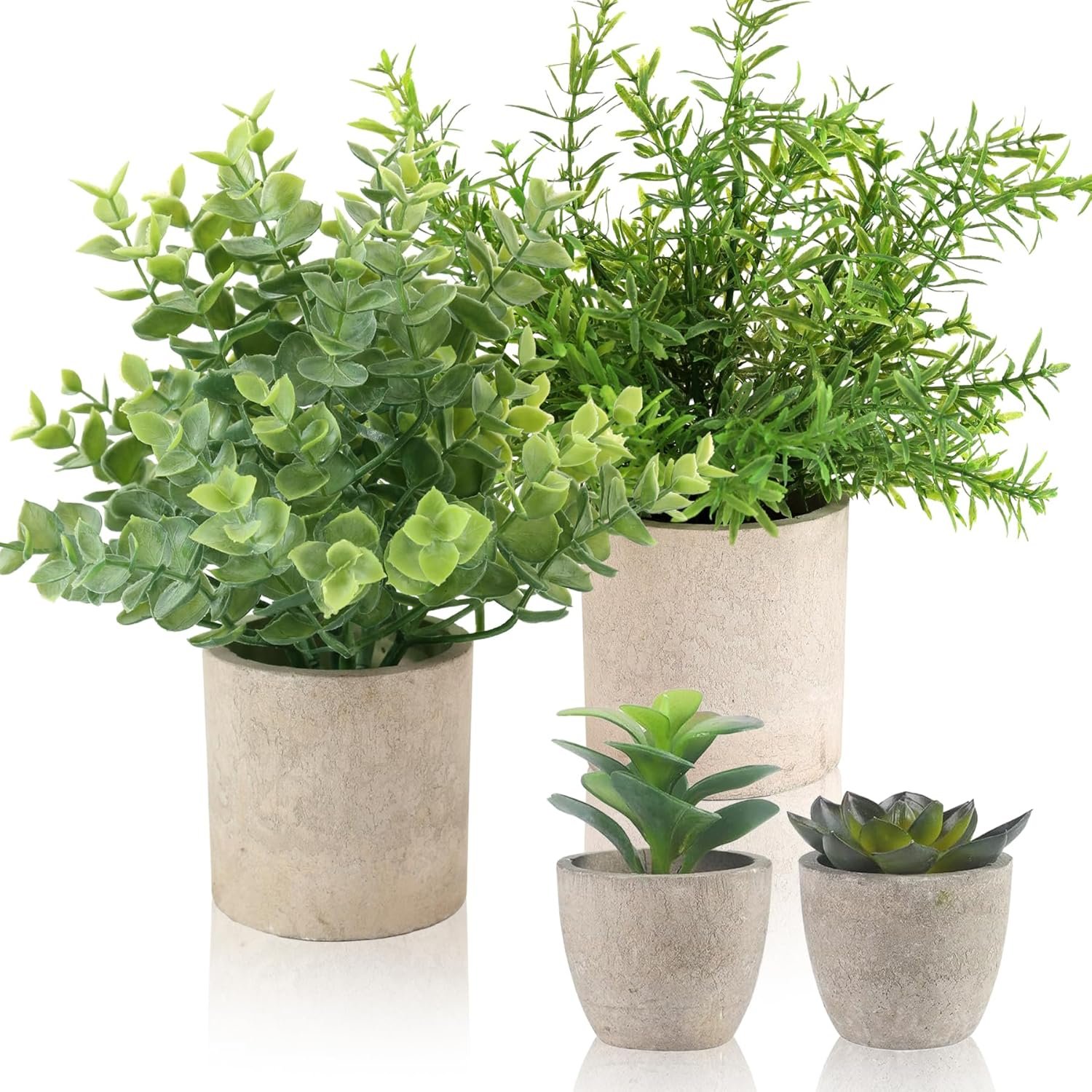 ALAGIRLS 4 Pack Small Fake Plants, 10″ Artificial Plants Indoor Eucalyptus/Rosemary/Succulents, Small Faux Plants in Pulp Pot for Bathroom Bedroom Kitchen Office Living Room Decor