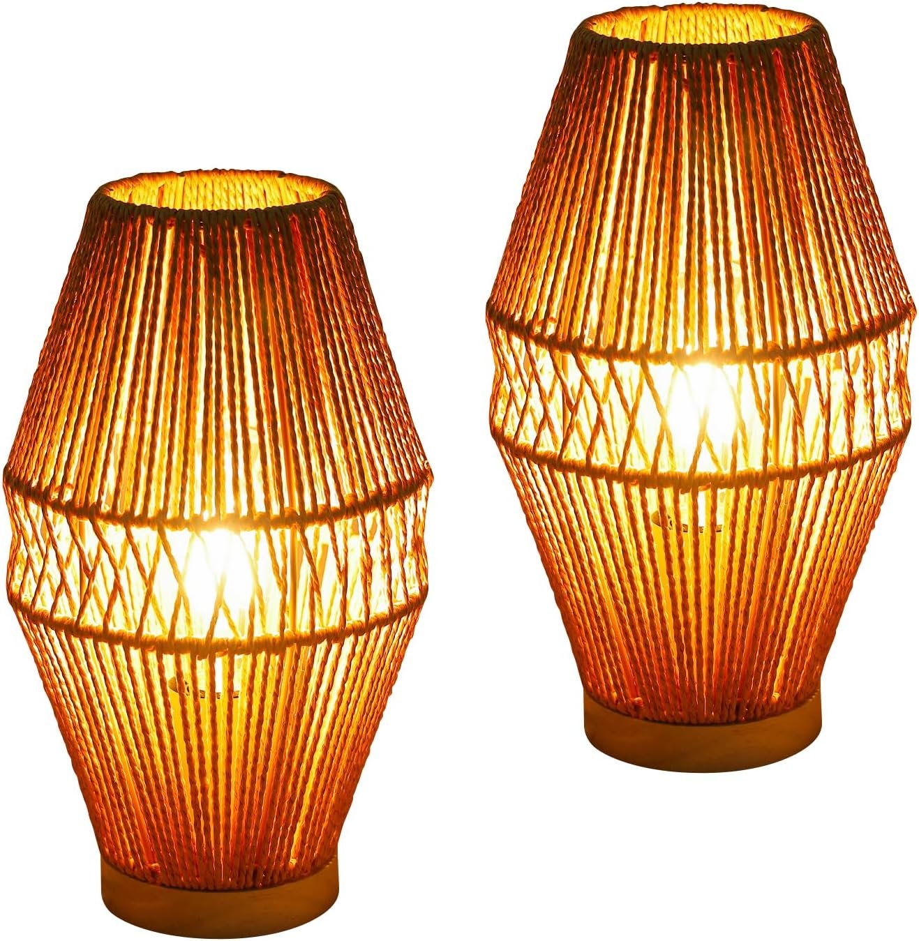 2 Pack Boho Rattan Table Lamps, Handmade Woven Bedside Lamp, Small Desktop Nightstand Lamp for Kids Room, Living Romm, Bedroom, Dorm Decor