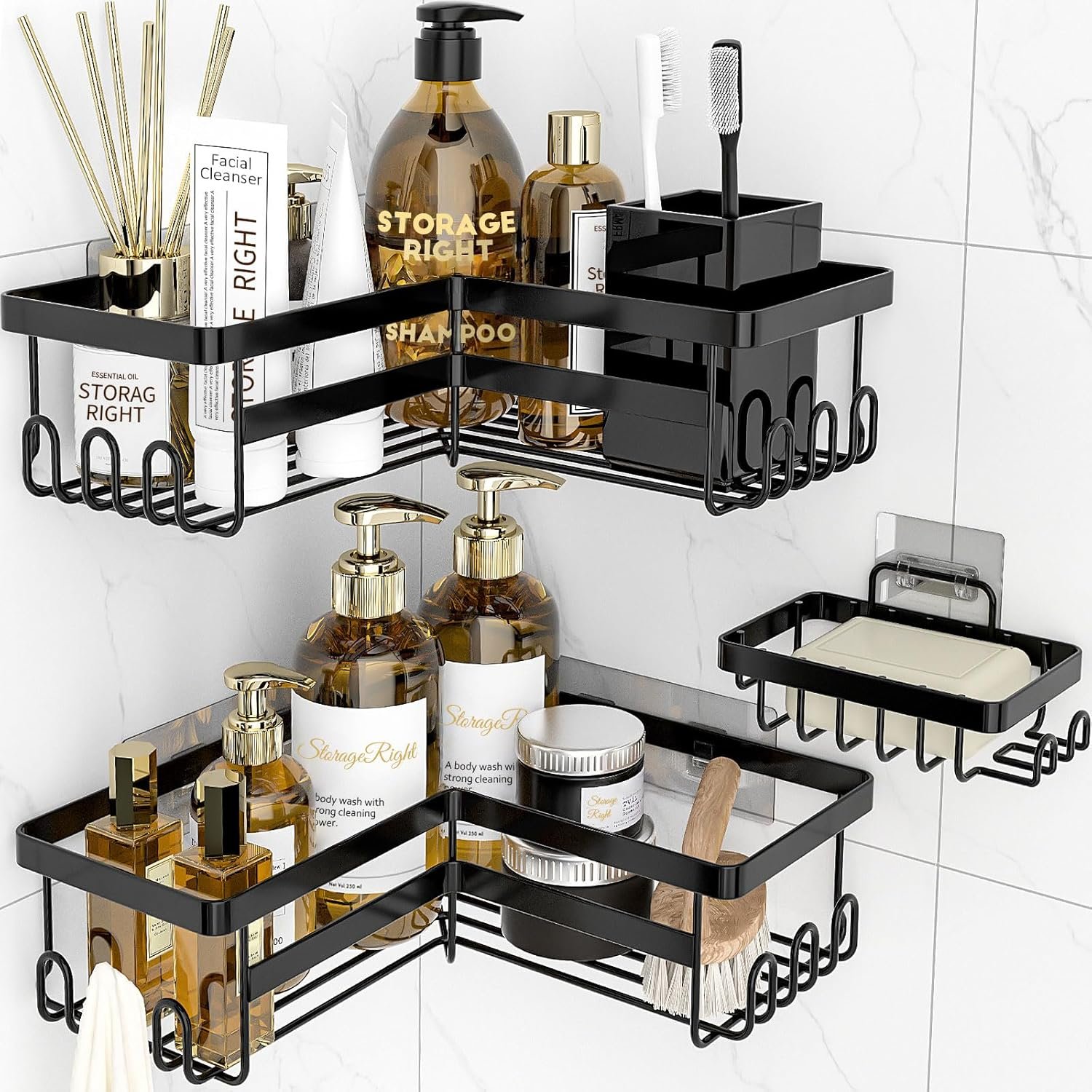 StorageRight Corner Shower Caddy, 3 Pack Adhesive Bathroom Accessories with Soap Holder, Storage Stainless Shower Organizer Shelf with Hooks, No Drilling Shower Shelves for Bathroom, Dorm and Kitchen